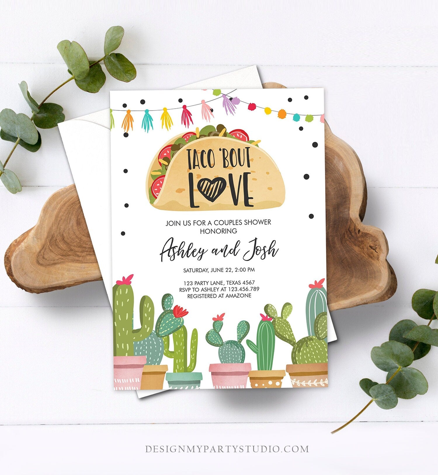 Editable Taco Bout Love Fiesta Couples Shower Invitation Cactus Succulent Green Pink Bridal Shower Download Evite Template Printable 0254