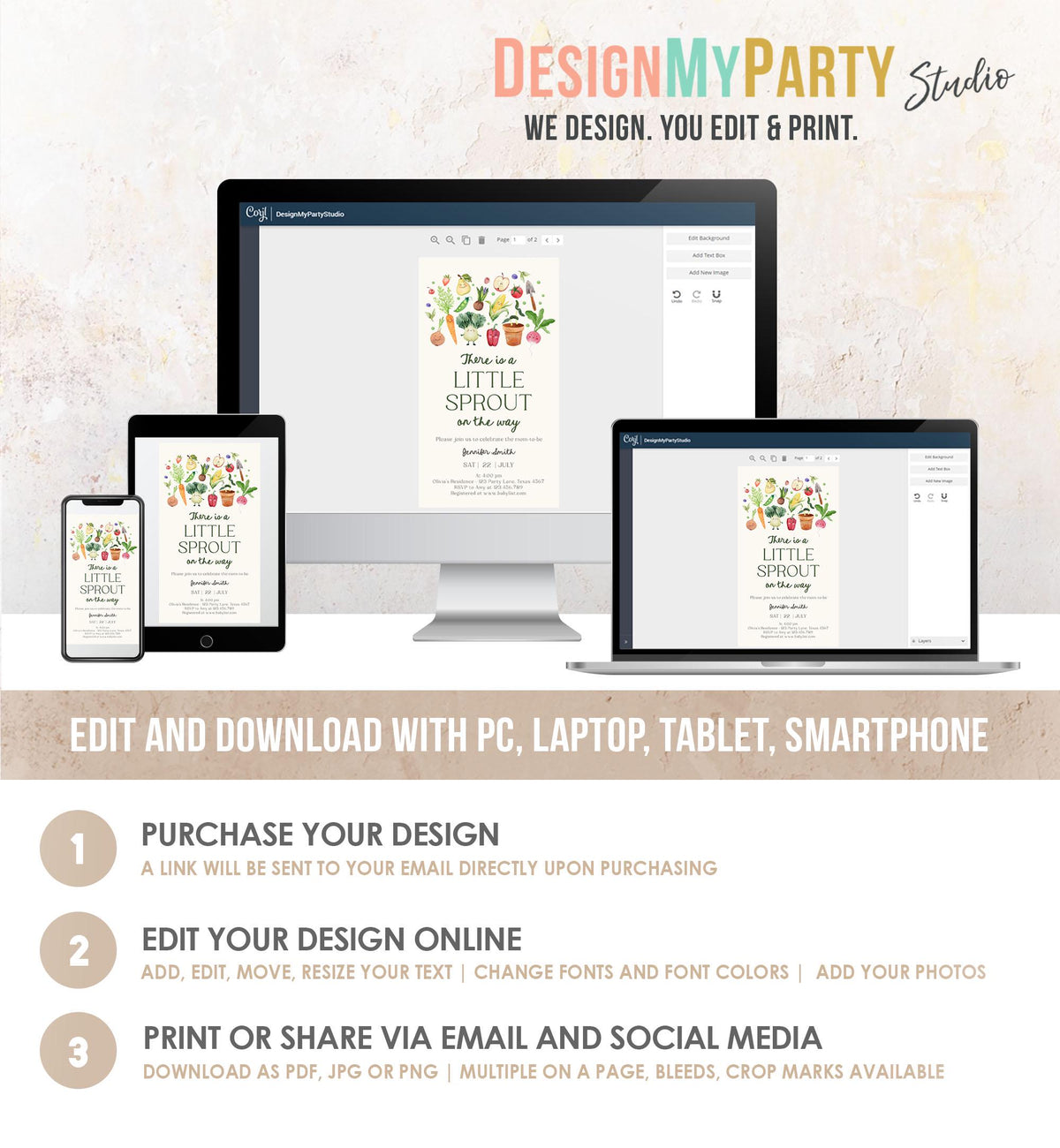 Editable Little Sprout Baby Shower Evite Electronic Farmers Market Locally Grown Shower Invitation Digital Phone Template Printable 0544