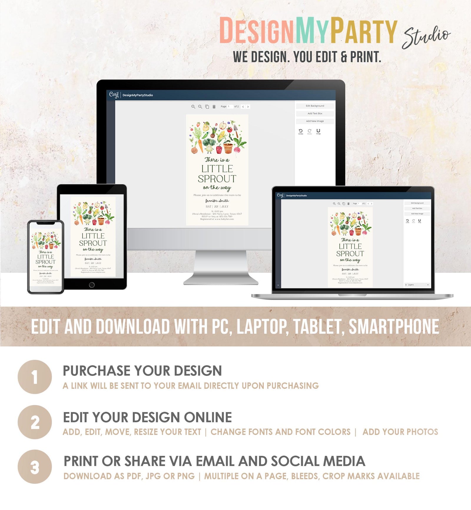 Editable Little Sprout Baby Shower Evite Electronic Farmers Market Locally Grown Shower Invitation Digital Phone Template Printable 0544