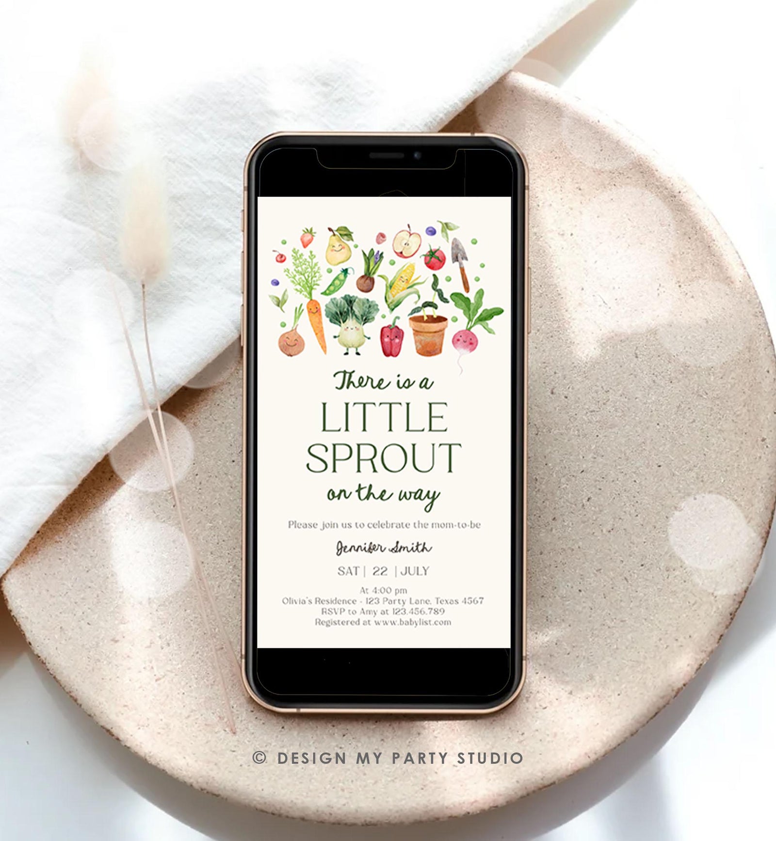 Editable Little Sprout Baby Shower Evite Electronic Farmers Market Locally Grown Shower Invitation Digital Phone Template Printable 0544