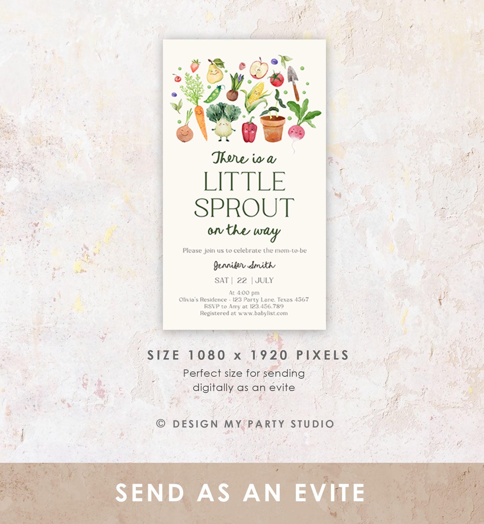 Editable Little Sprout Baby Shower Evite Electronic Farmers Market Locally Grown Shower Invitation Digital Phone Template Printable 0544