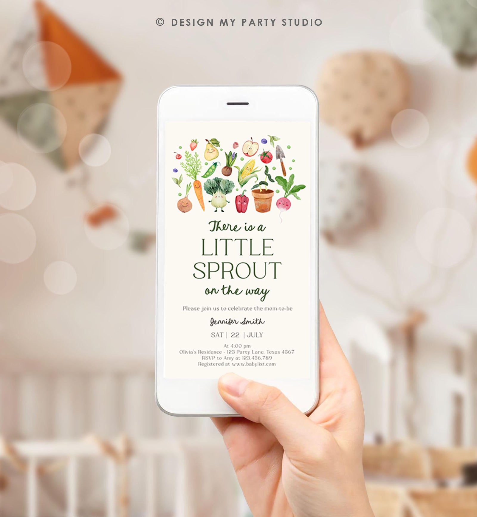 Editable Little Sprout Baby Shower Evite Electronic Farmers Market Locally Grown Shower Invitation Digital Phone Template Printable 0544