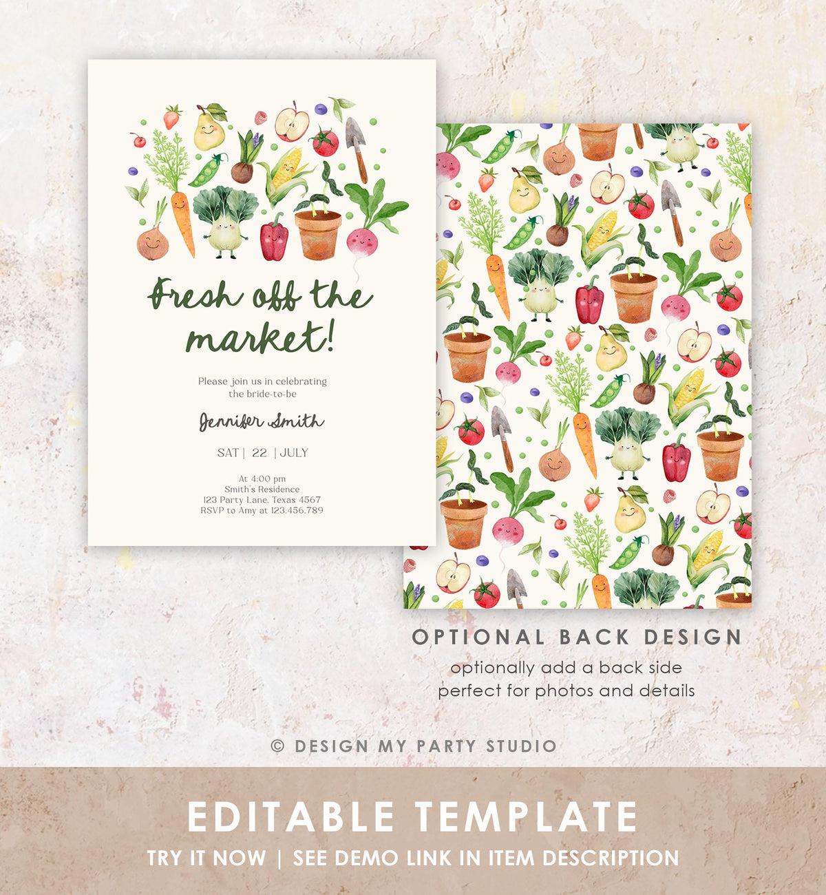 Editable Off The Market Bridal Shower Invitation Farmers Market She&#39;s Off the Market Veggies Digital Download Evite Template Printable 0544