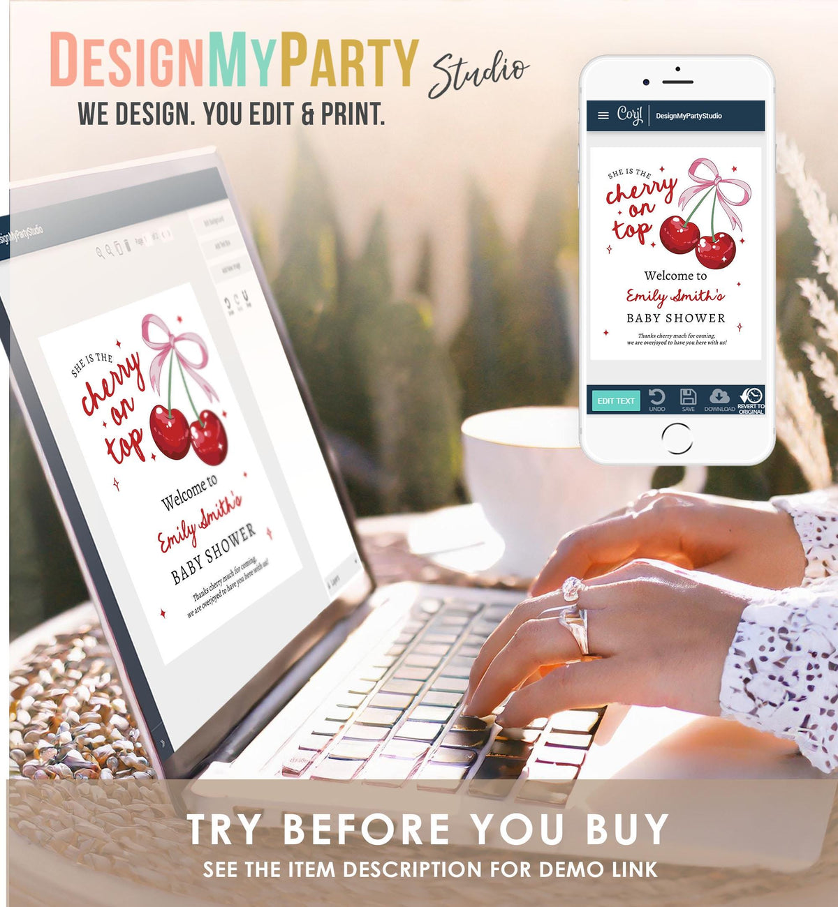 Editable Cherry Baby Shower Welcome Sign She is The Cherry On Top Preppy Coquette Bow Berries Berry Shower Welcome Template Printable 0539