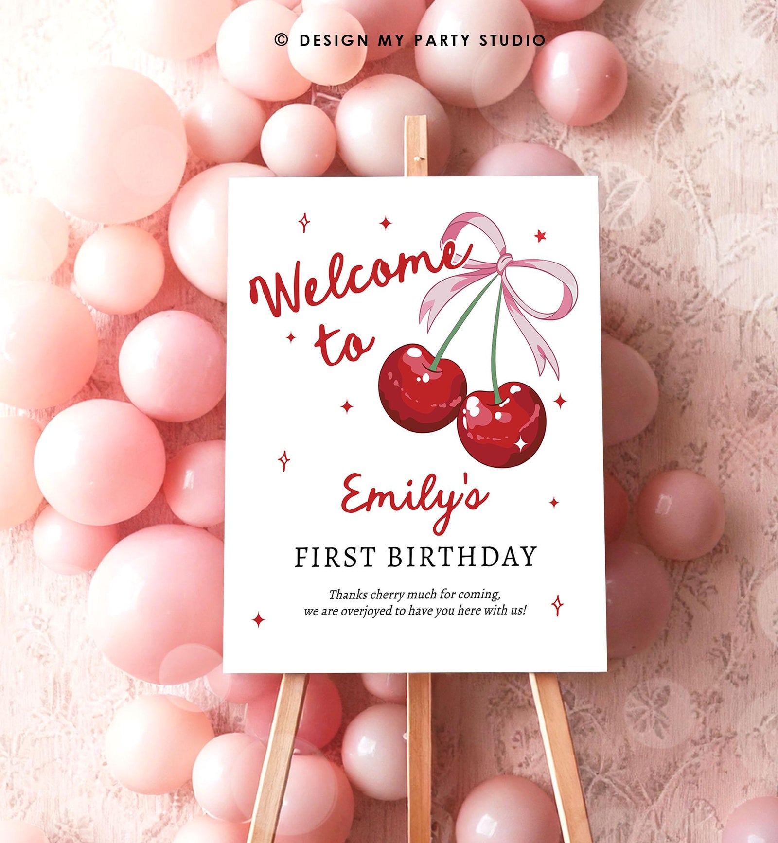 Editable Cherry First Birthday Welcome Sign She is Our Cherry On Top Preppy Coquette Bow Berries Berry 1st Welcome Template Printable 0539