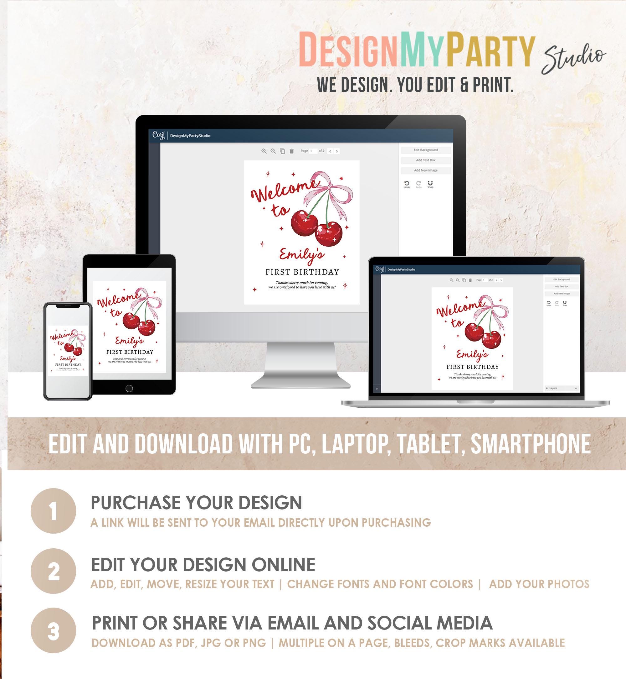 Editable Cherry First Birthday Welcome Sign She is Our Cherry On Top Preppy Coquette Bow Berries Berry 1st Welcome Template Printable 0539