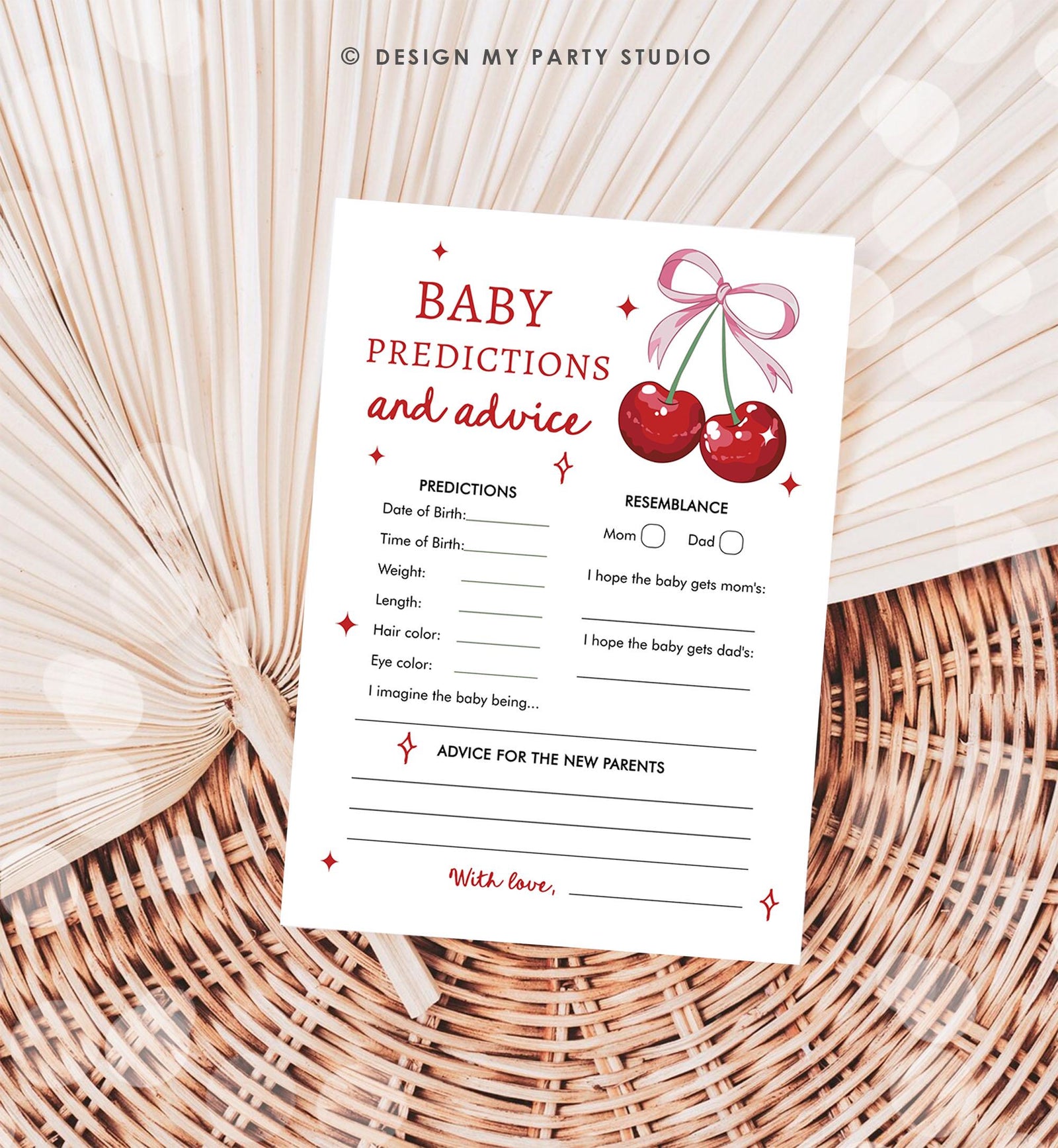 Editable Baby Predictions and Advice Card Baby Shower Game Cherry Baby Shower Bow Coquette Cherry On Top Digital Template Printable 0539