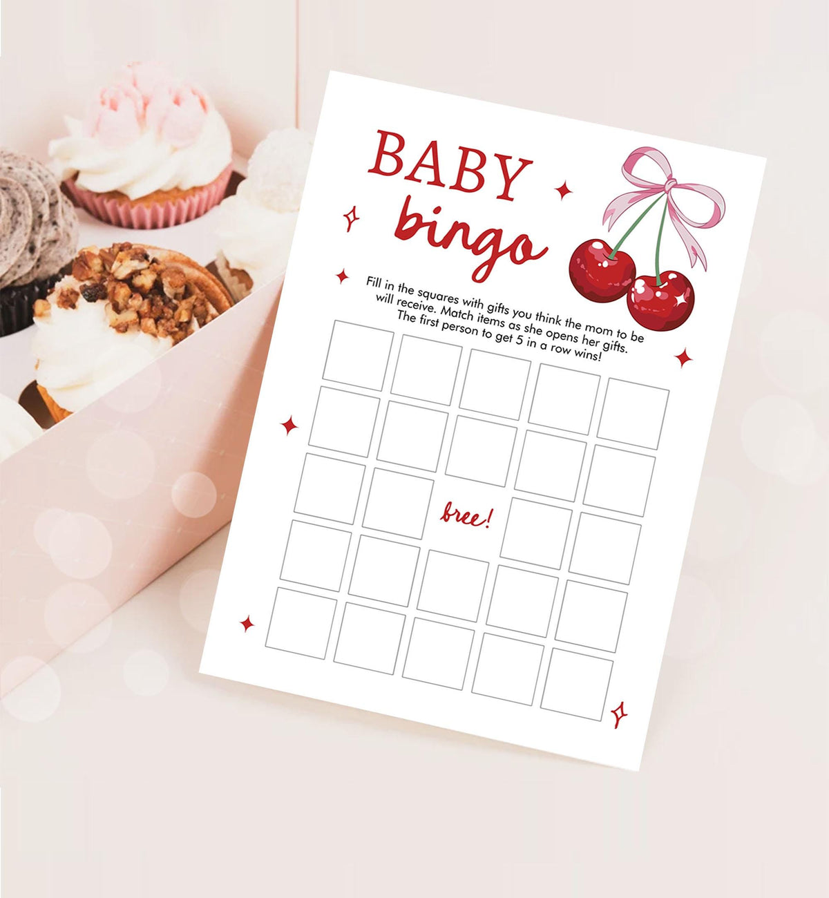 Editable Baby Bingo Baby Shower Game Card Cherry Baby Shower Pink Bow Coquette Cherry On Top Games Digital Download Template Printable 0539