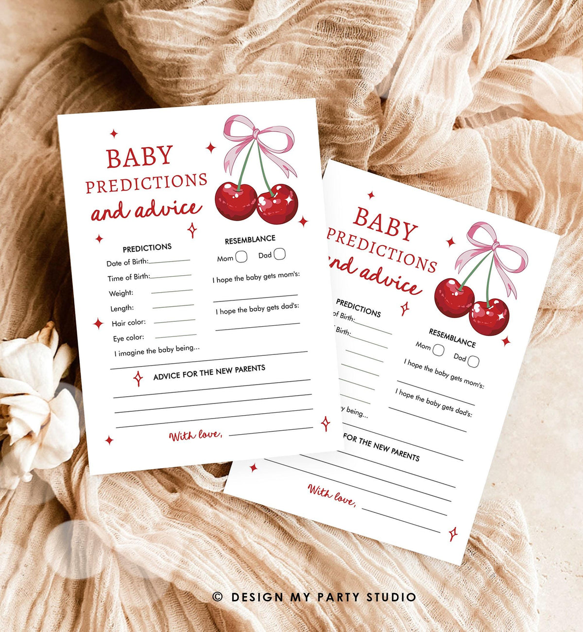 Editable Baby Predictions and Advice Card Baby Shower Game Cherry Baby Shower Bow Coquette Cherry On Top Digital Template Printable 0539