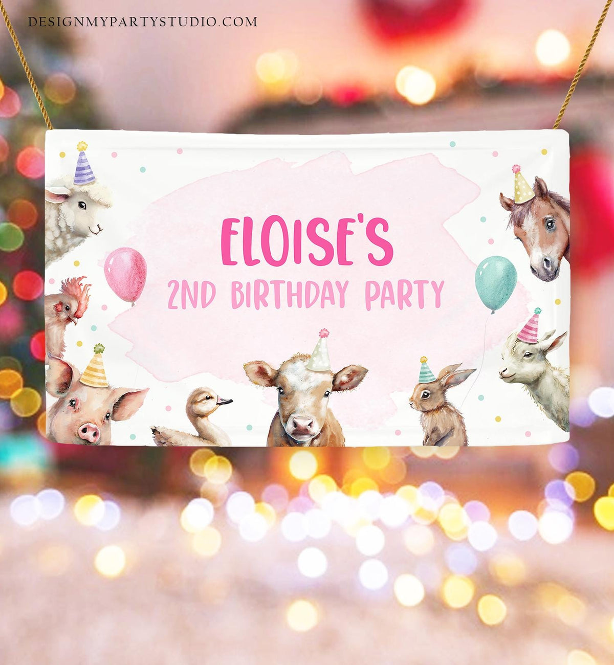Editable Farm Backdrop Banner Pink Farm Birthday Girl Farm Animals Barnyard 2nd Birthday Decor Digital Download Template Printable 0448