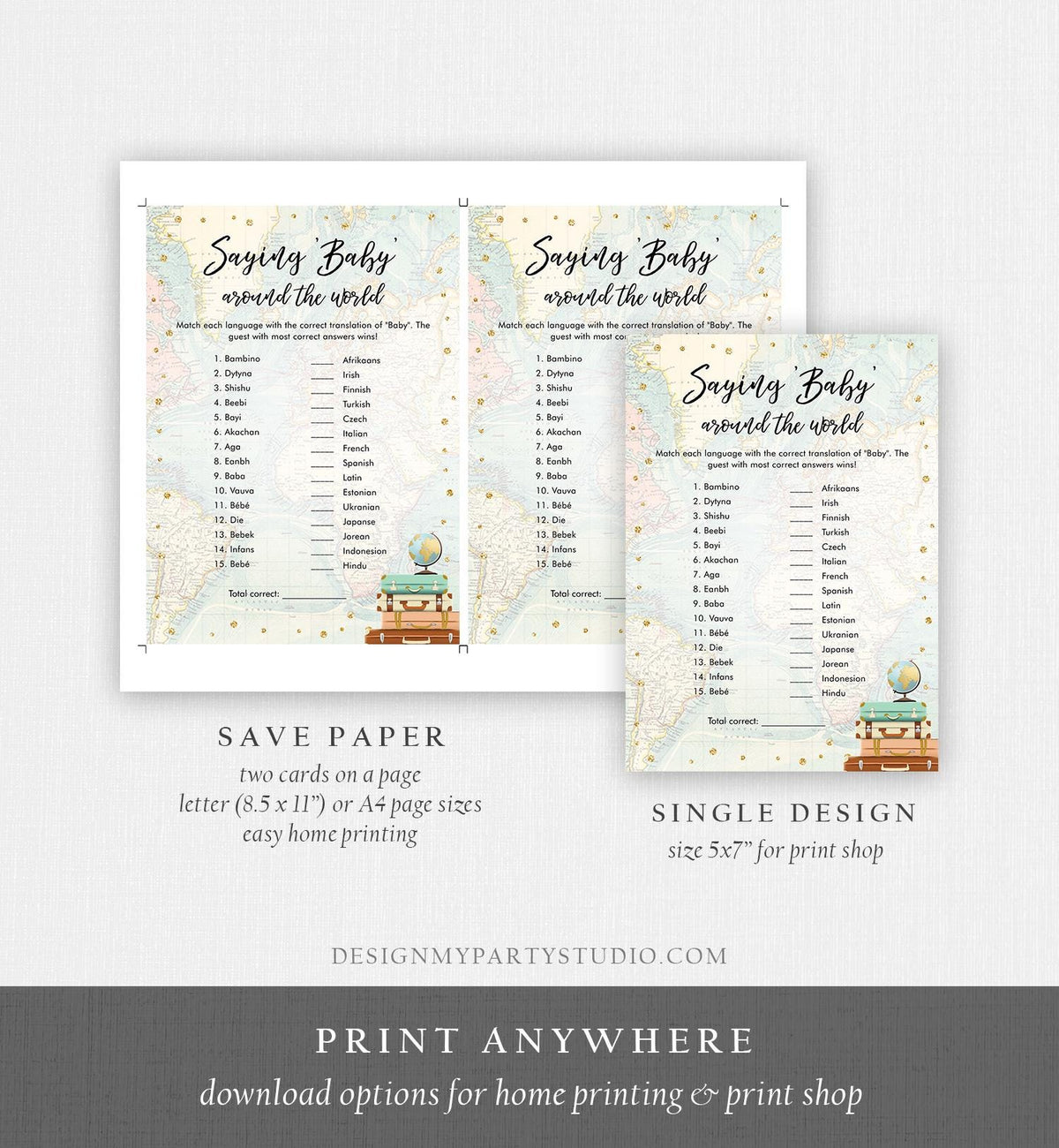 Editable Saying Baby Around the World Baby Shower Game Card Travel Adventure Journey Activity Printable Download Template Corjl 0263