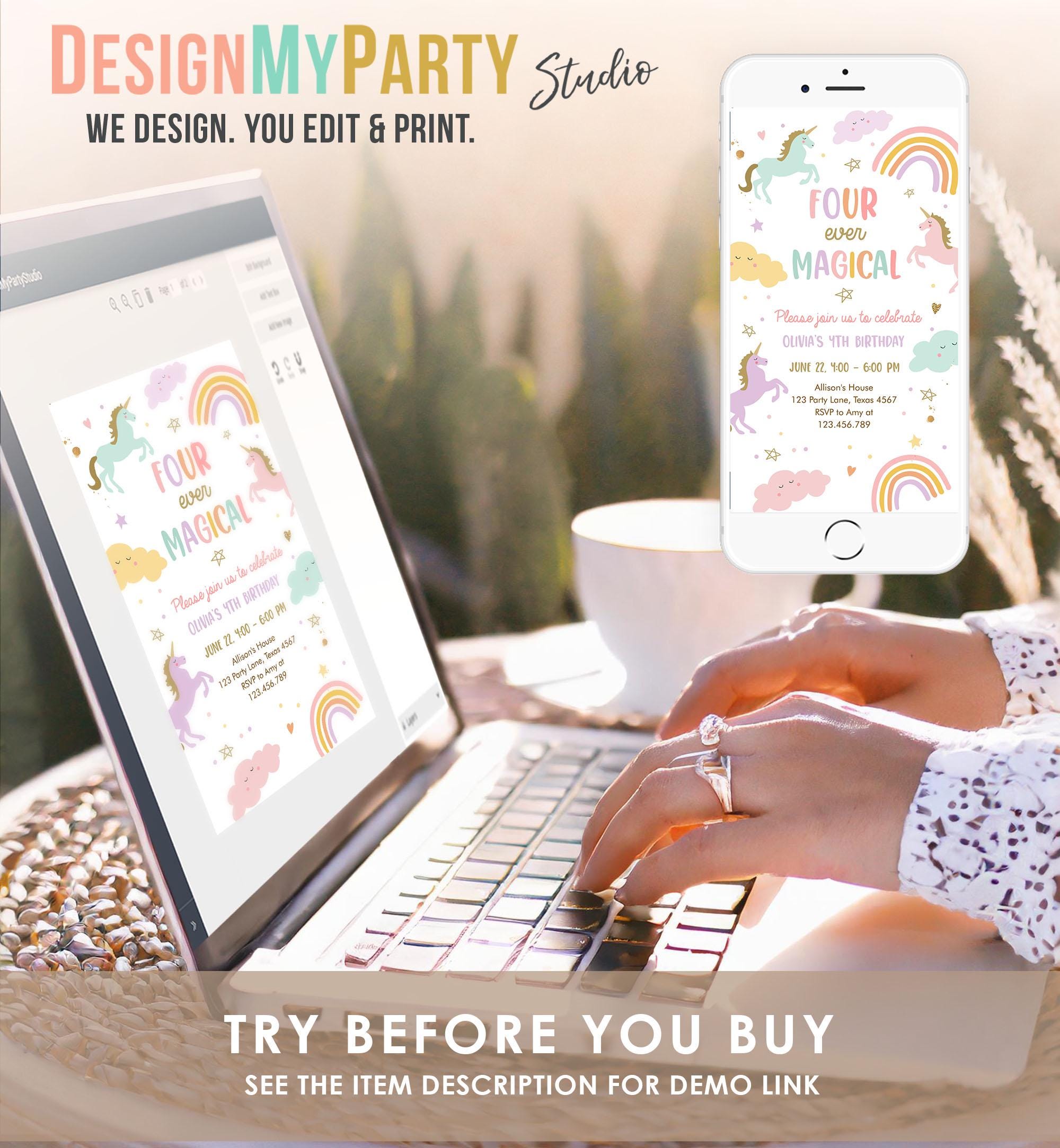 Editable Unicorn 4th Birthday Evite Magical Party Invite Girl Pastel Digital Unicorn Party Template Rainbow Phone Digital Electronic 0426