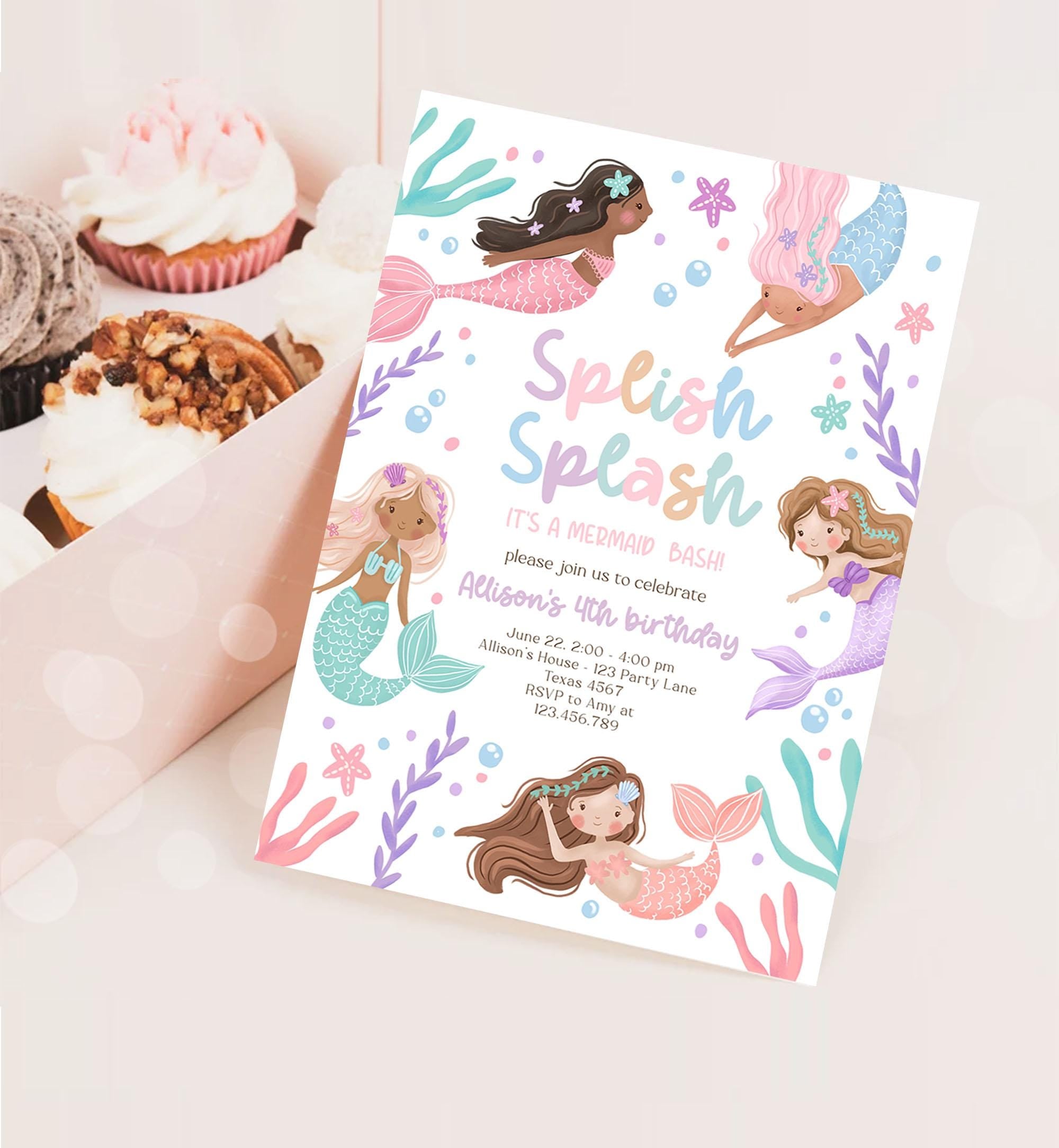 Editable Mermaid Birthday Party Invitation Girl Pink Purple Mermaid Bash Splish Splash Under The Sea Pastel Download Printable Template 0546