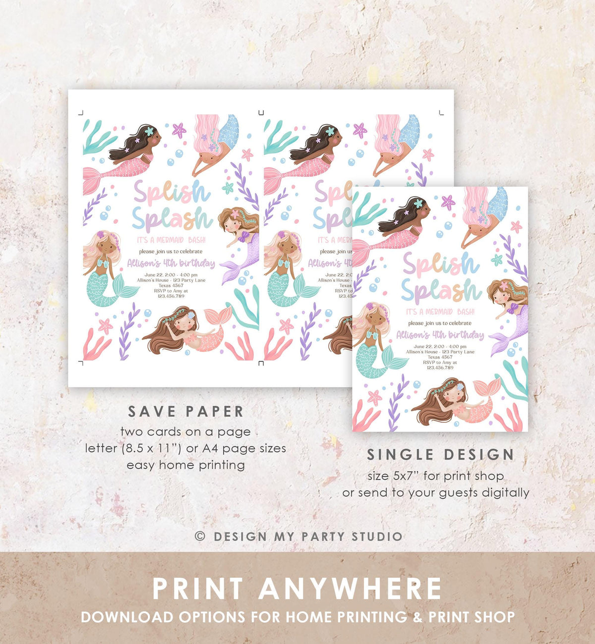 Editable Mermaid Birthday Party Invitation Girl Pink Purple Mermaid Bash Splish Splash Under The Sea Pastel Download Printable Template 0546