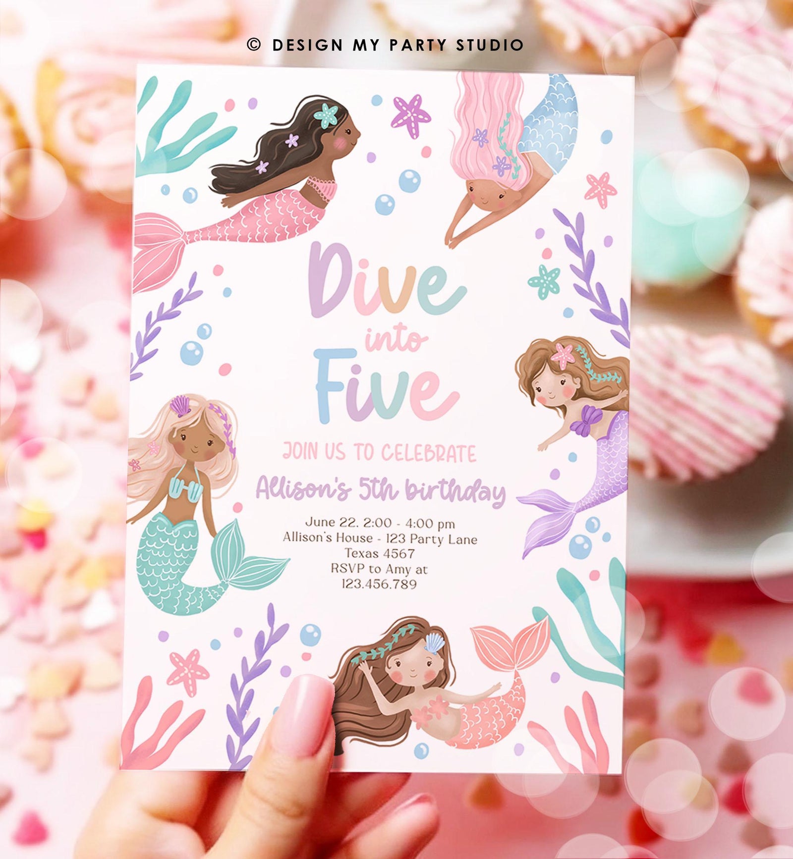 Editable Dive Into Five Mermaid Birthday Invitation 5th Girl Pink Purple Mermaid Bash Sea Ocean Pastel Download Printable Template 0546