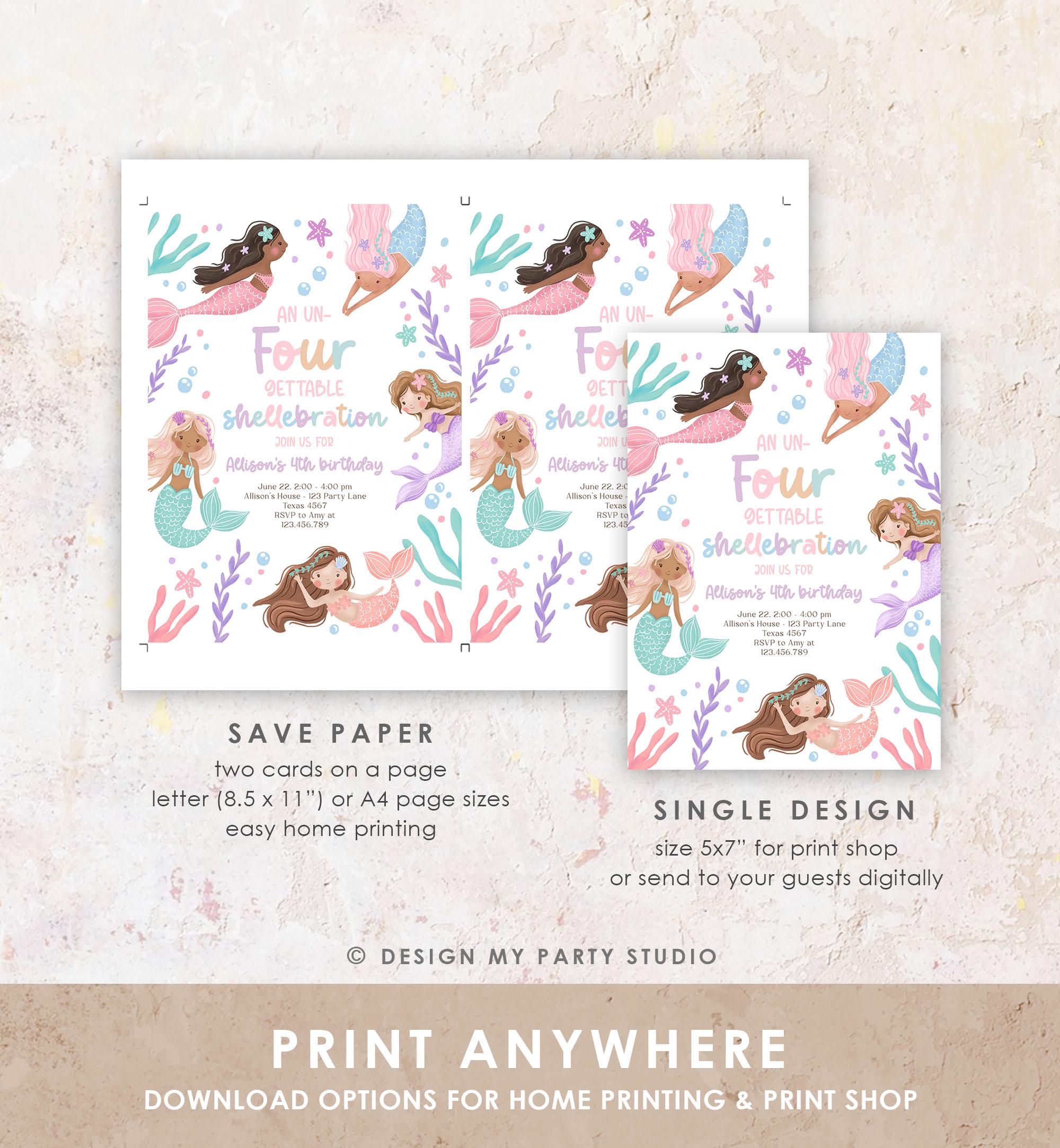 Editable Un Four Gettable Mermaid Birthday Invitation 4th Birthday Purple Under The Sea Pool Party Pastel Download Printable Template 0546