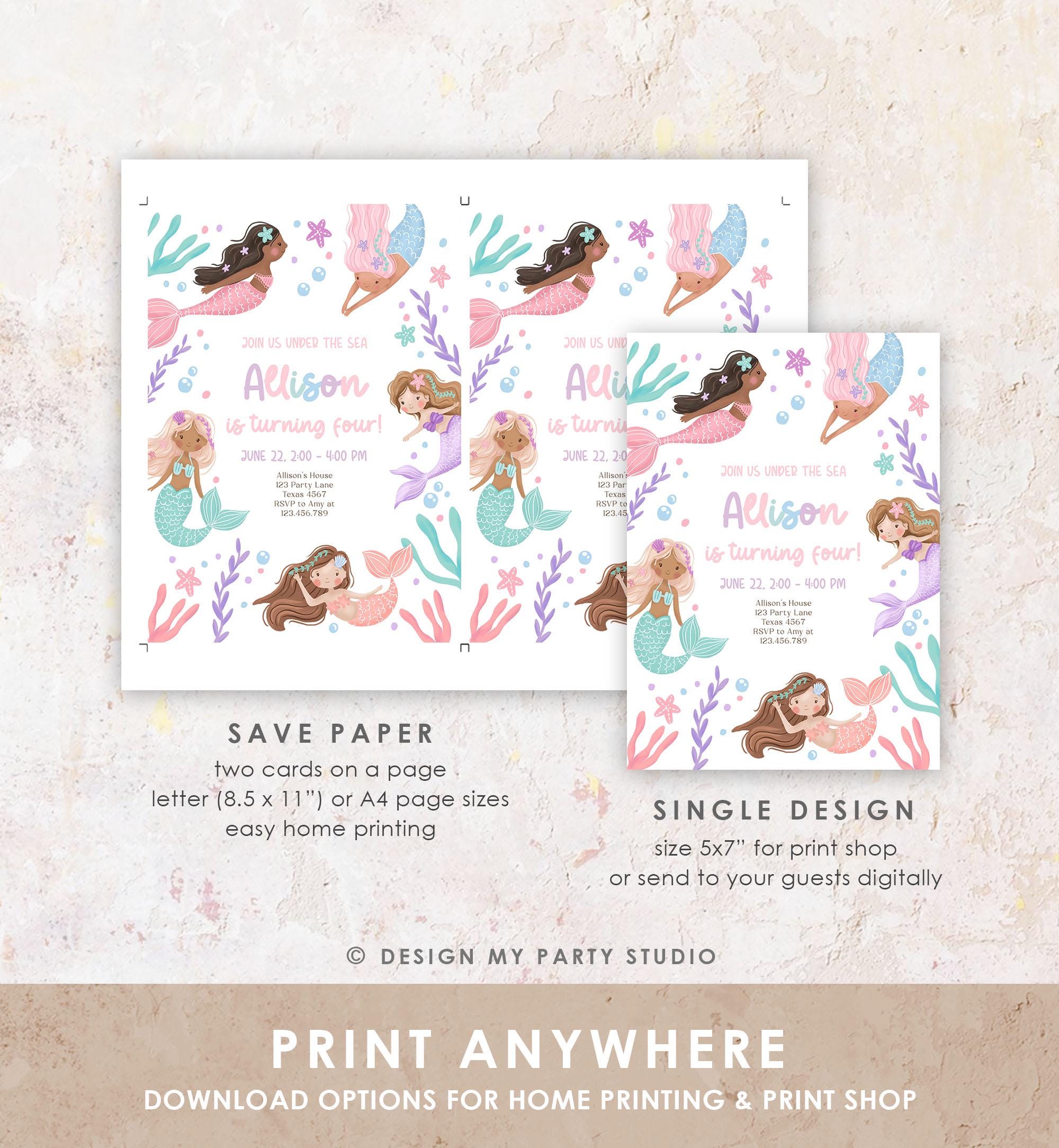 Editable Mermaid Birthday Party Invitation Girl Pink Purple Mermaid Bash Splish Splash Under The Sea Pastel Download Printable Template 0546