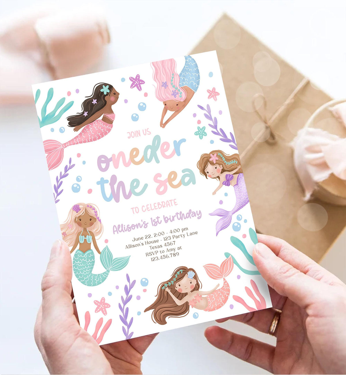 Editable Oneder The Sea Birthday Invitation Mermaid Birthday Party Invitation 1st Under The Sea Pastel Download Printable Template 0546