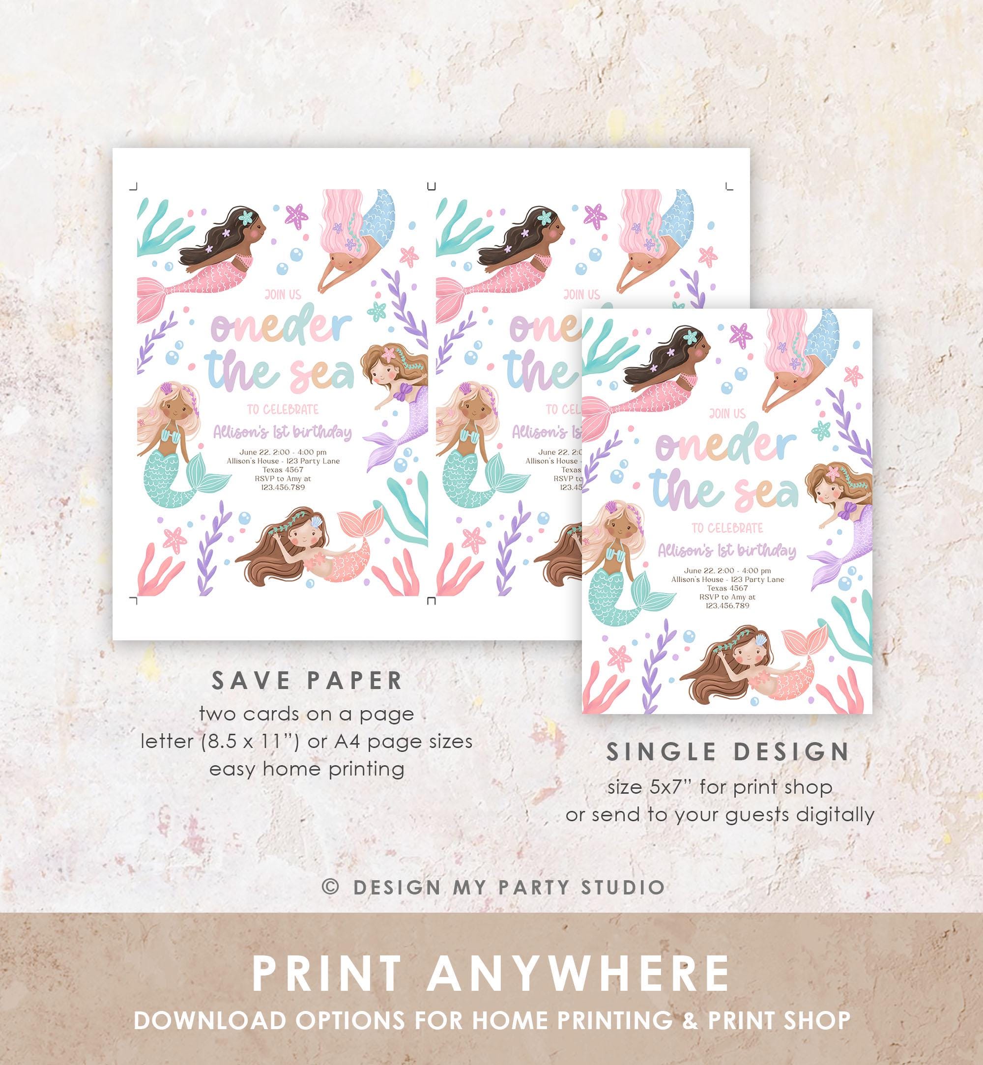 Editable Oneder The Sea Birthday Invitation Mermaid Birthday Party Invitation 1st Under The Sea Pastel Download Printable Template 0546