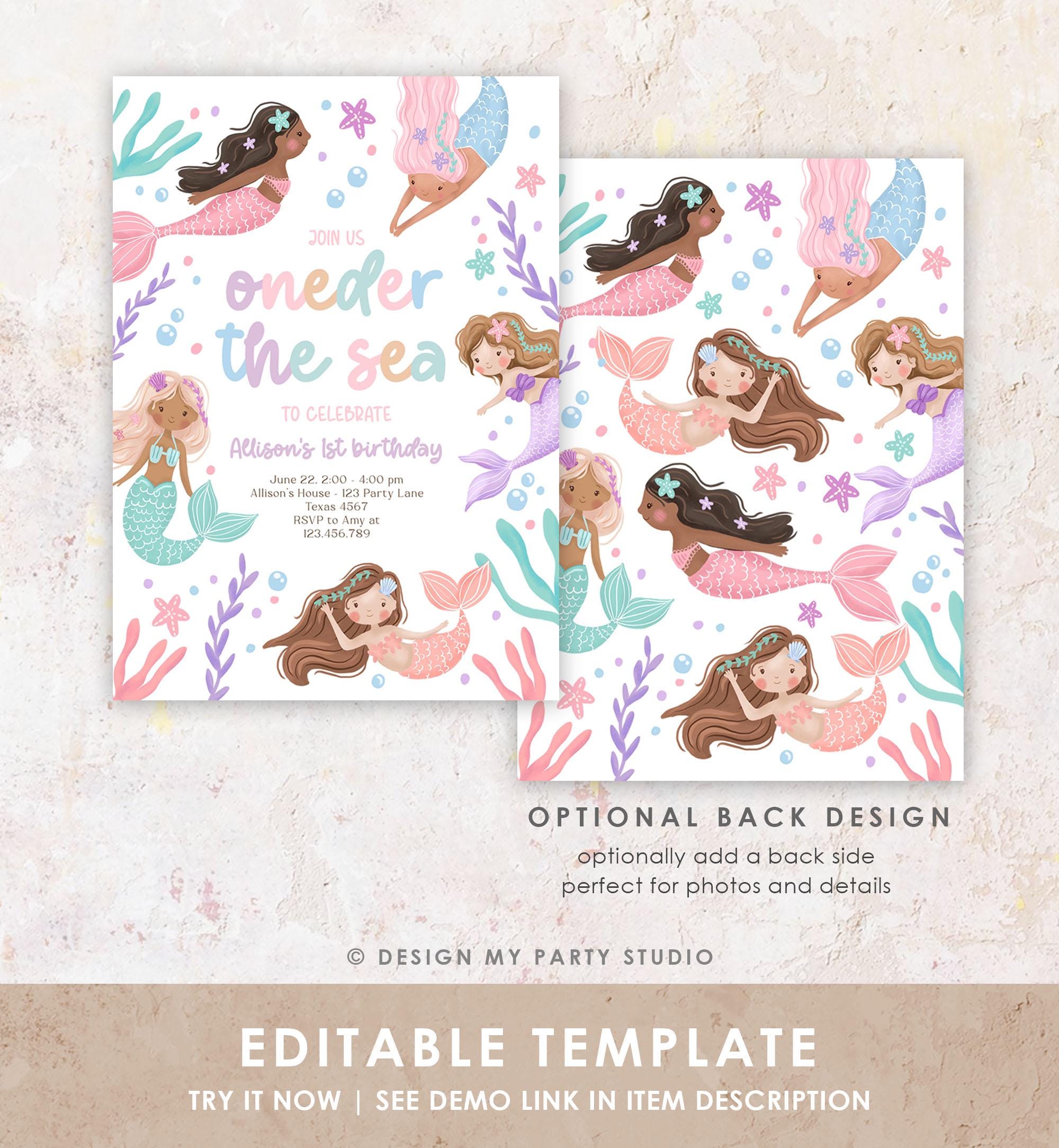 Editable Oneder The Sea Birthday Invitation Mermaid Birthday Party Invitation 1st Under The Sea Pastel Download Printable Template 0546