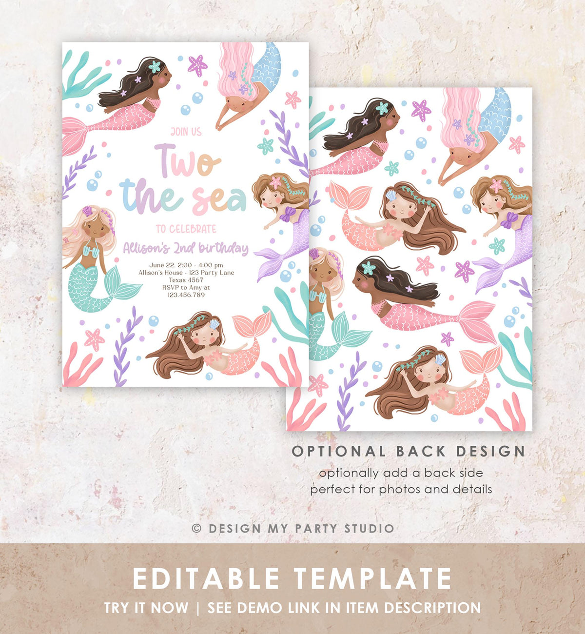Editable Two The Sea Birthday Invitation Mermaid Birthday Invitation 2nd Splish Splash Under The Sea Ocean Download Printable Template 0546