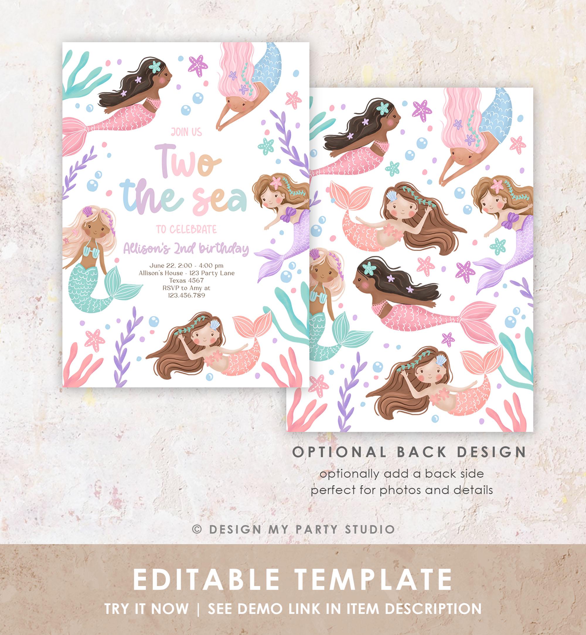 Editable Two The Sea Birthday Invitation Mermaid Birthday Invitation 2nd Splish Splash Under The Sea Ocean Download Printable Template 0546