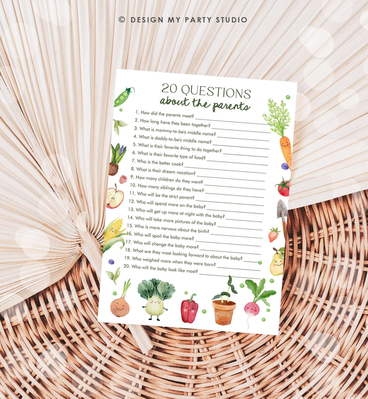 May include: A printable game card with a green and white background. The card has a title that reads &amp;#39;20 Questions about the parents.&amp;#39; The card has 20 questions about the parents of a baby. The questions are written in black text. The card has illustrations of vegetables and fruits in watercolor style.