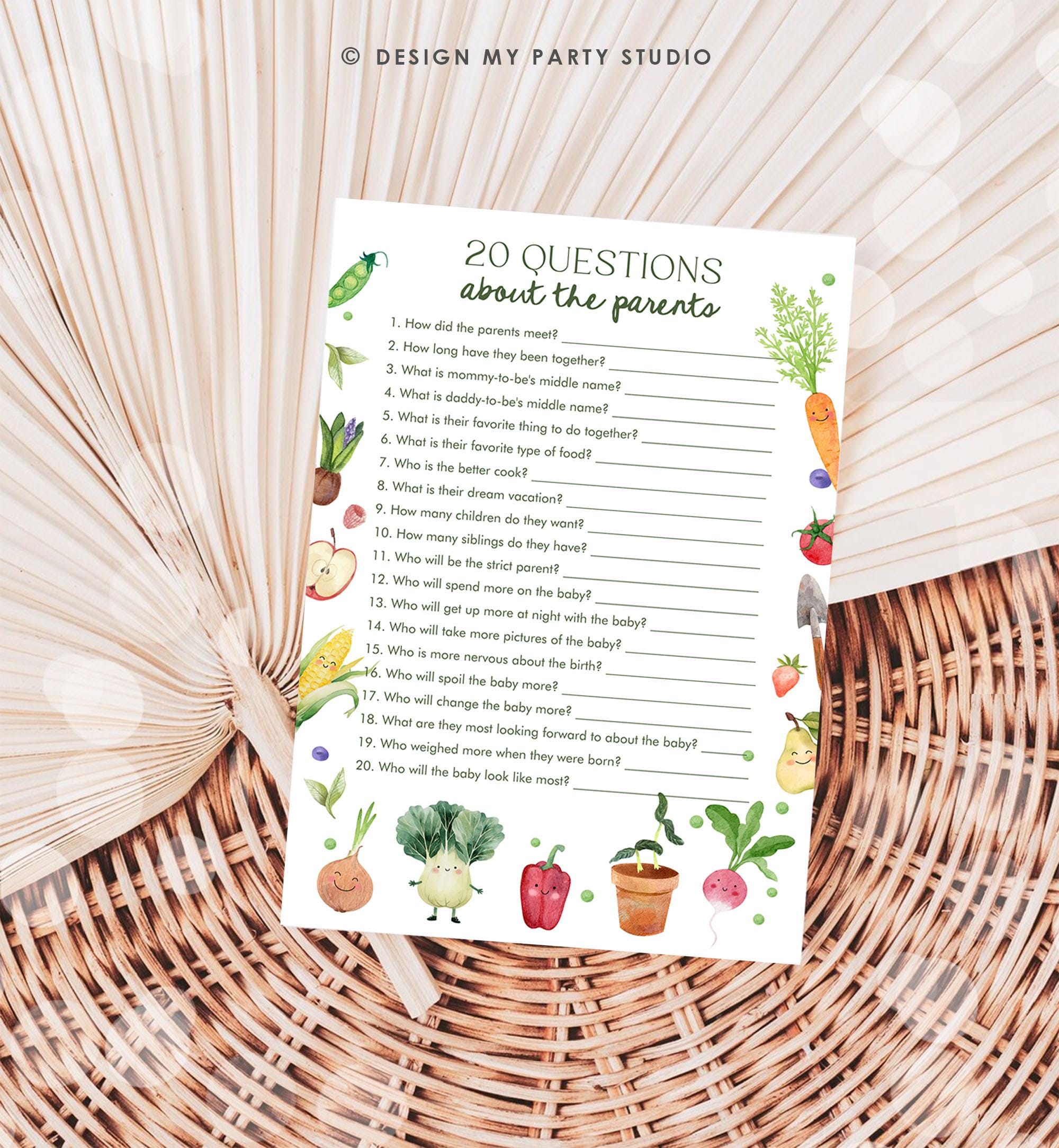 May include: A printable game card with a green and white background. The card has a title that reads &#39;20 Questions about the parents.&#39; The card has 20 questions about the parents of a baby. The questions are written in black text. The card has illustrations of vegetables and fruits in watercolor style.