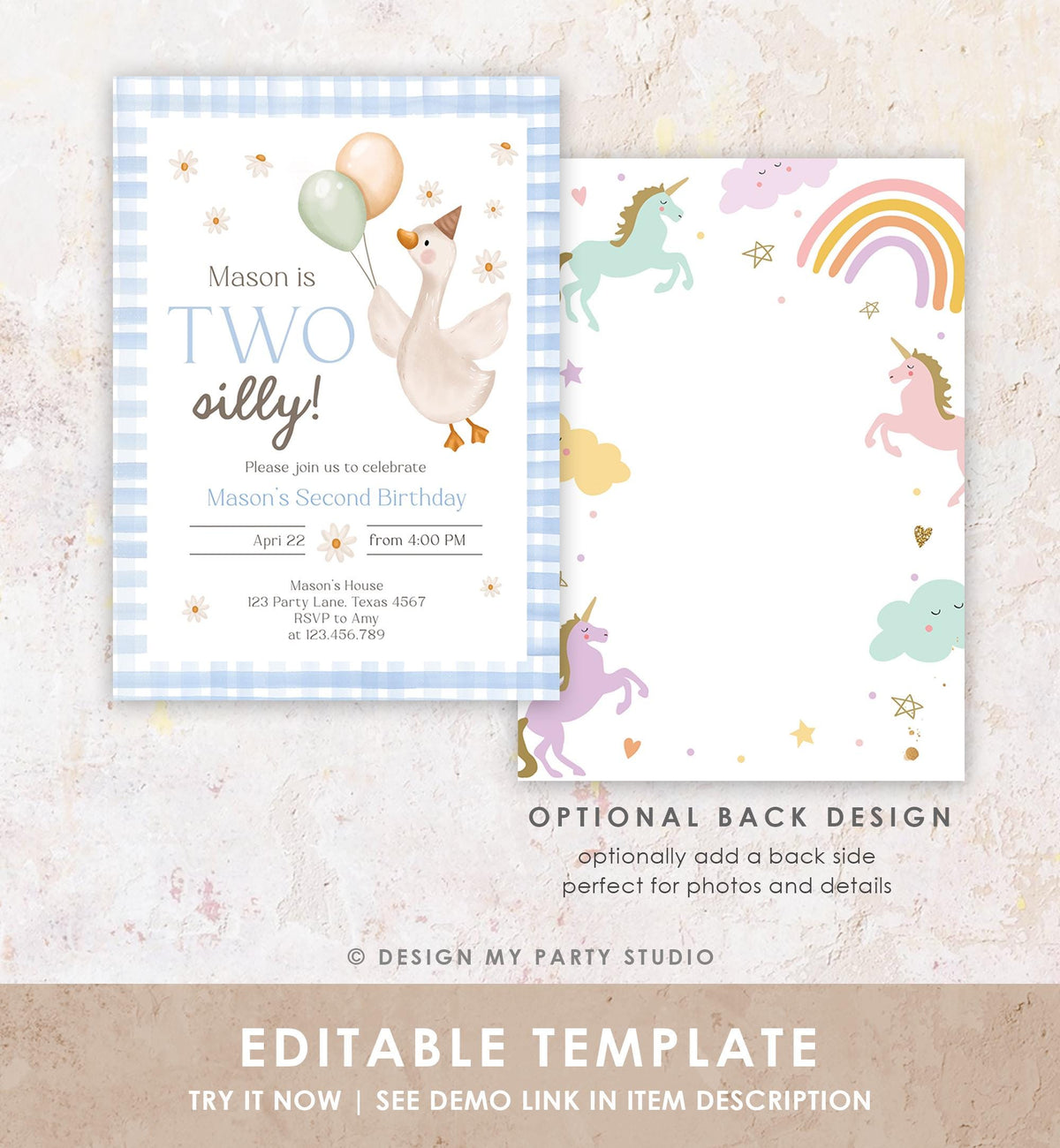 Editable Two Silly Goose Birthday Invitation Blue Boy Spring Birthday Party Farm Goose 2nd Birthday Digital Download Template Printable 0540