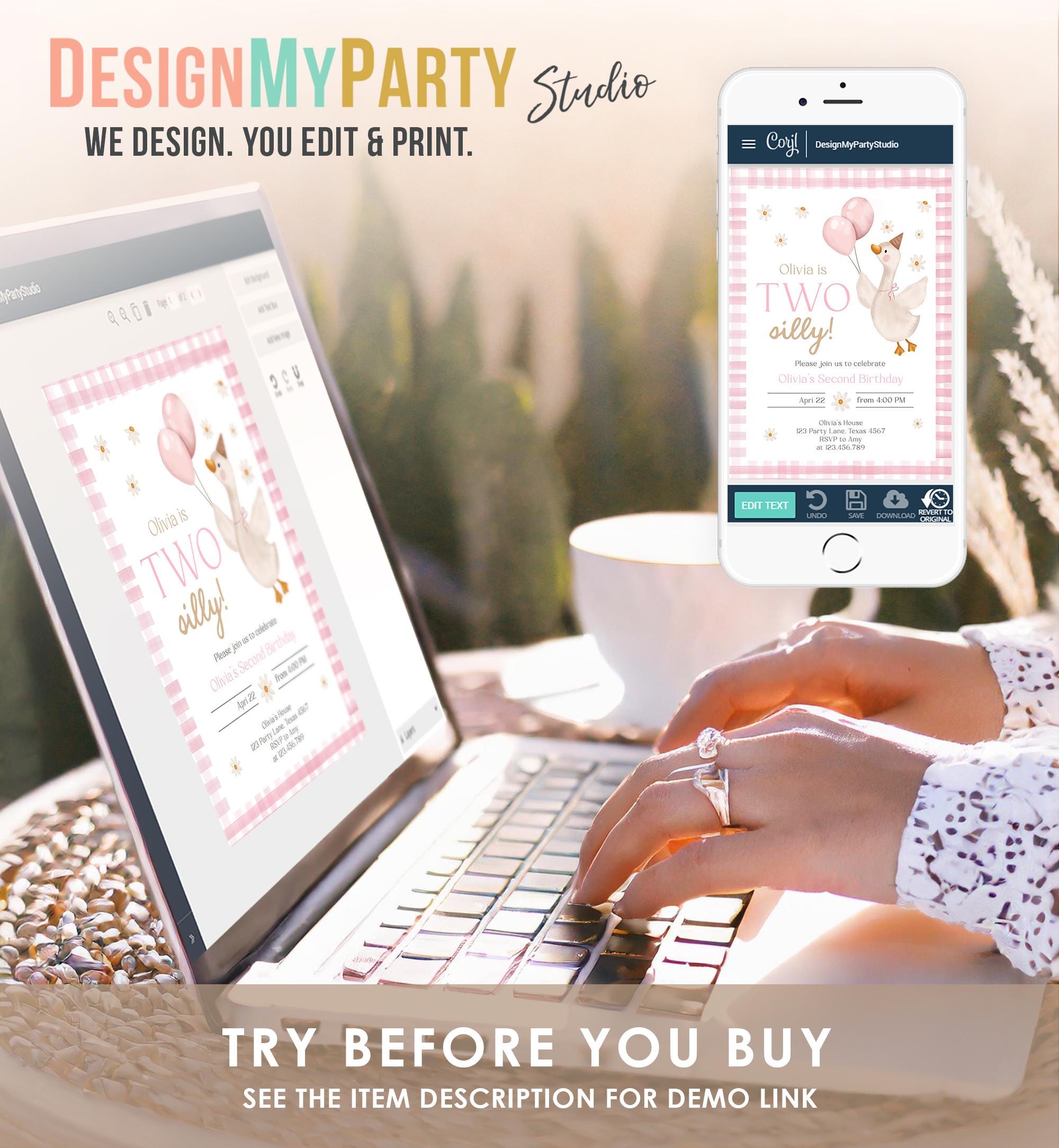 Editable Two Silly Goose Birthday Invitation Pink Girl Spring Birthday Party Goose 2nd Birthday Digital Download Template Printable 0540