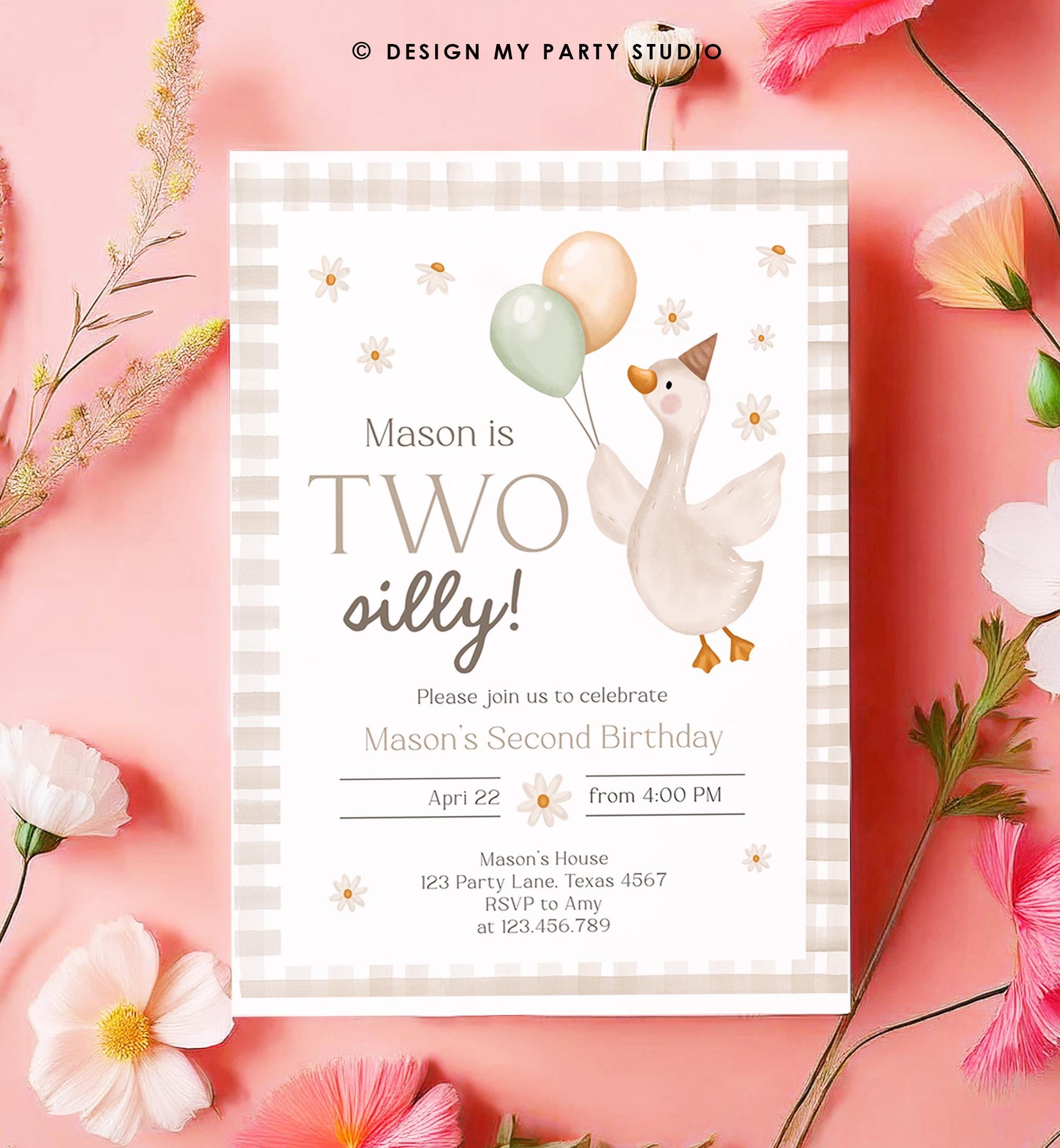Editable Two Silly Goose Birthday Invitation Girl Boy Spring Birthday Party Farm Goose 2nd Birthday Digital Download Template Printable 0540