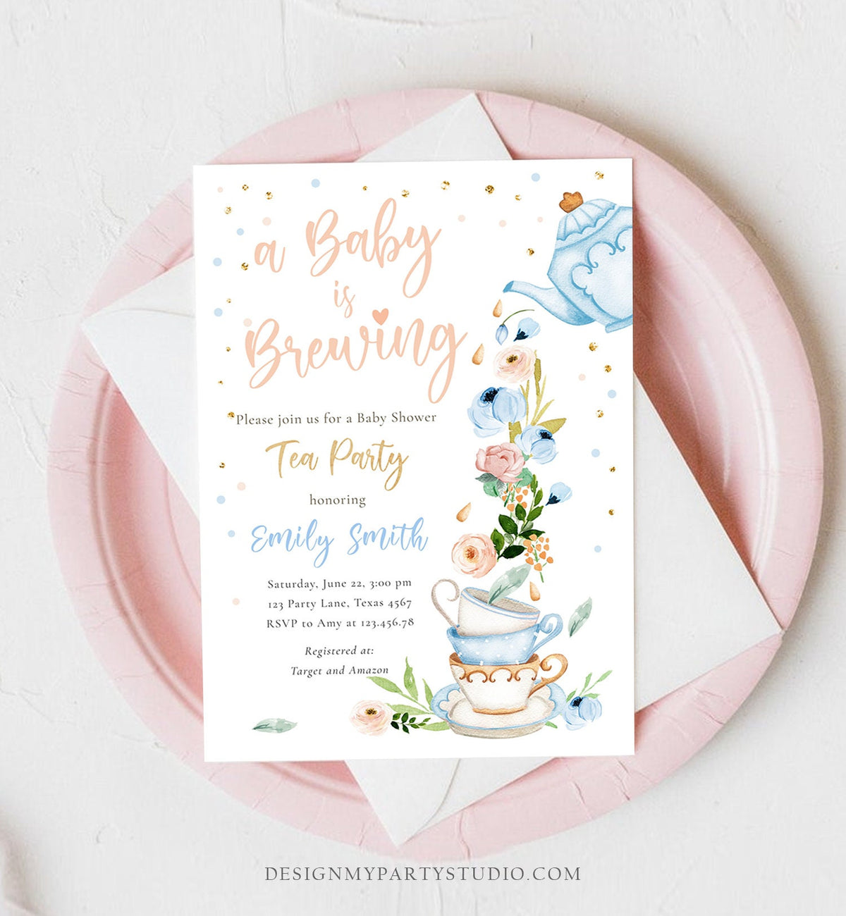 Editable Tea Party Baby Shower Invitation Tea Shower Sprinkle Floral Blue Boy Gold Brunch Bubbly Digital Download Template Printable 0349