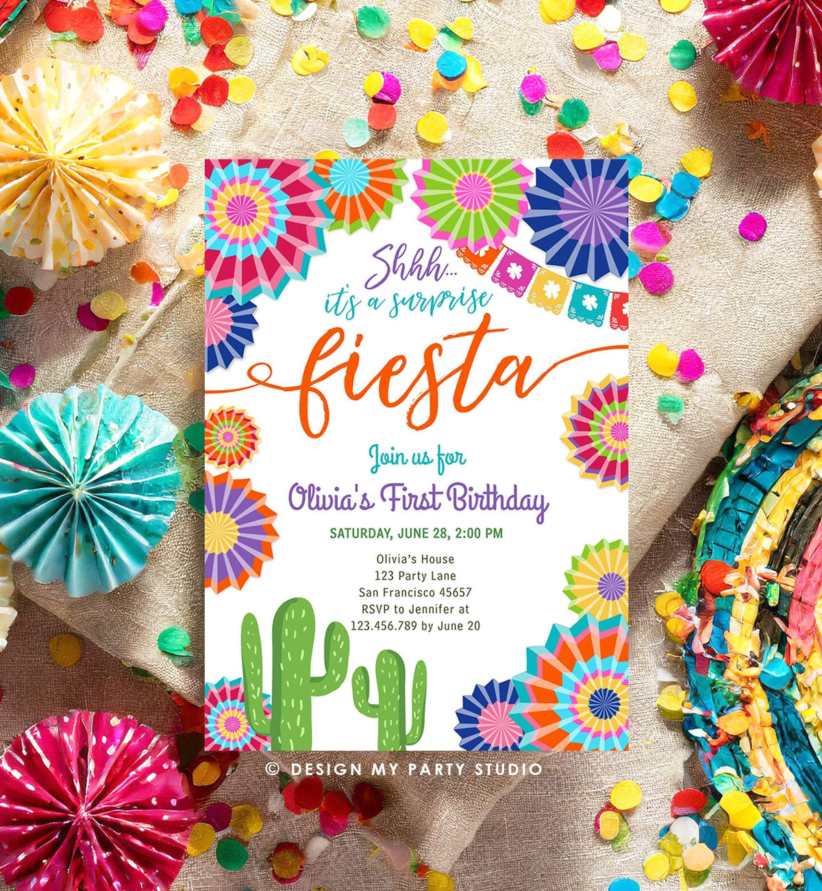 Editable Surprise Fiesta Birthday Invitation Girl Birthday Party Cactus Shhh ANY AGE Mexican Digital Download Evite Template Printable 0236