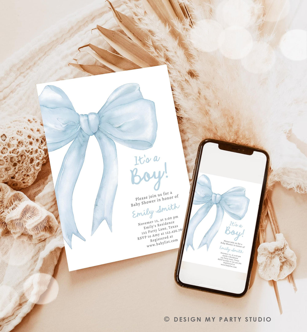 Editable Blue Bow Baby Shower Invitation It&#39;s a Boy Blue Coquette Baby Shower Preppy Minimalist Digital Template Download Printable 0527