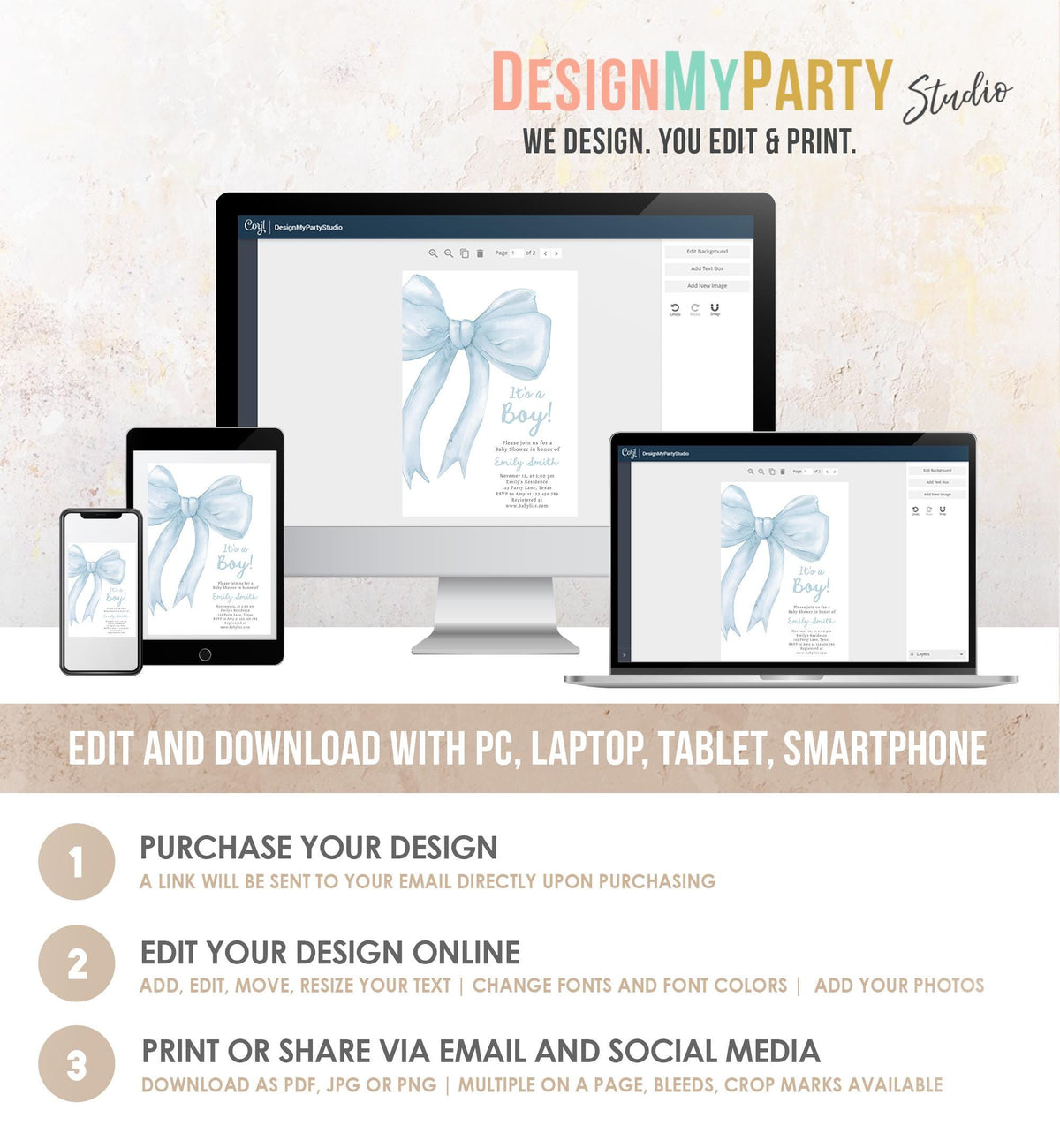 Editable Blue Bow Baby Shower Invitation It&#39;s a Boy Blue Coquette Baby Shower Preppy Minimalist Digital Template Download Printable 0527