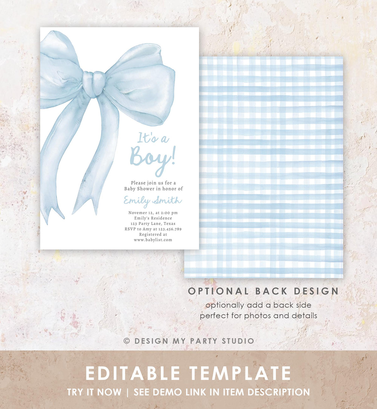 Editable Blue Bow Baby Shower Invitation It&#39;s a Boy Blue Coquette Baby Shower Preppy Minimalist Digital Template Download Printable 0527