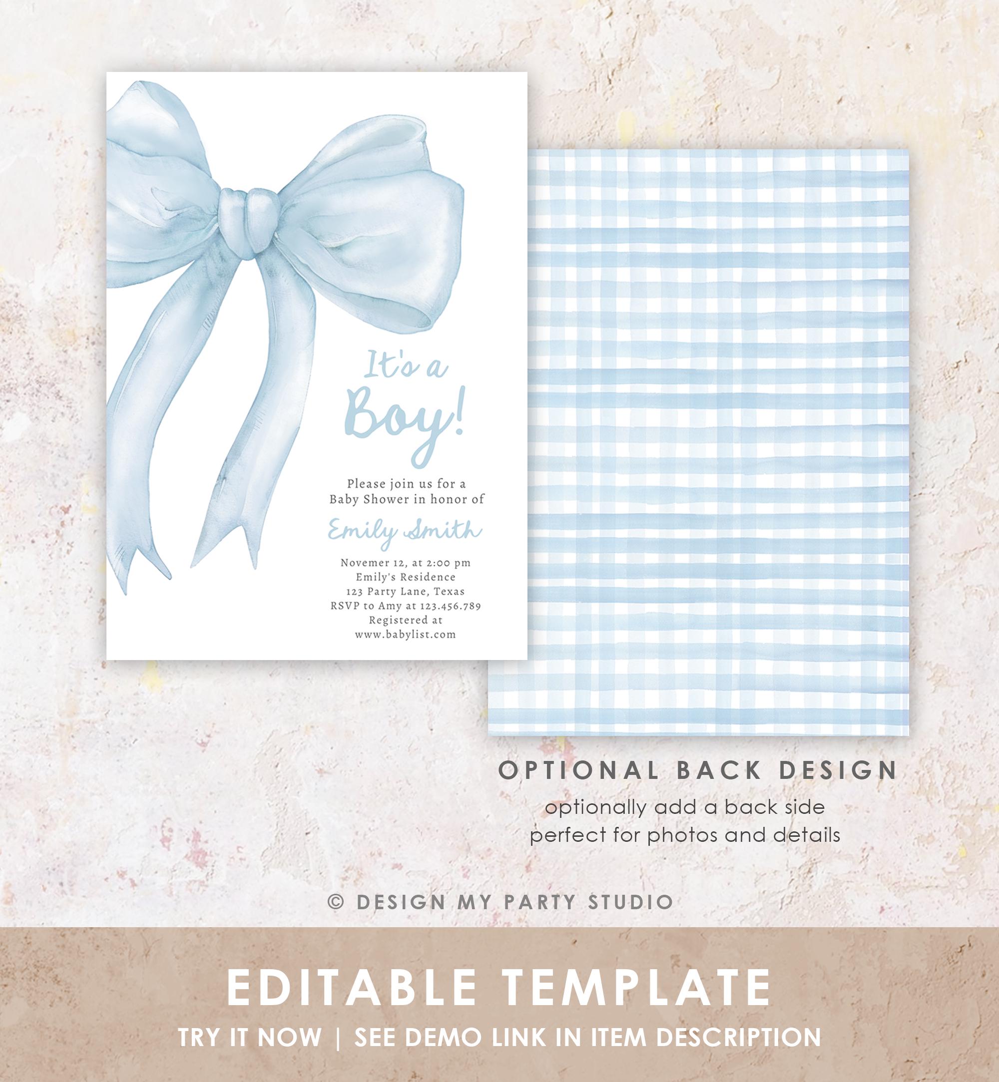 Editable Blue Bow Baby Shower Invitation It's a Boy Blue Coquette Baby Shower Preppy Minimalist Digital Template Download Printable 0527
