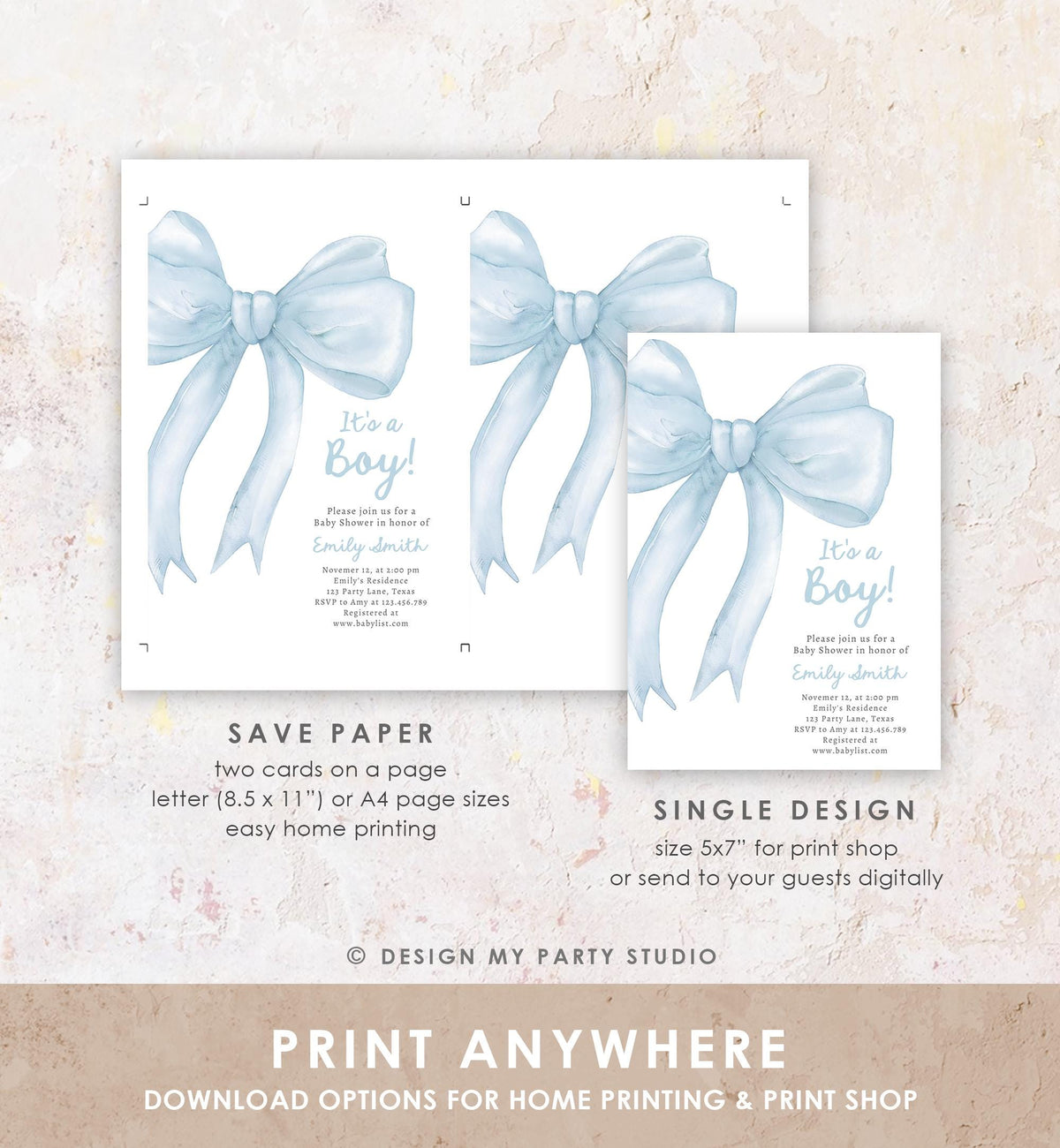 Editable Blue Bow Baby Shower Invitation It&#39;s a Boy Blue Coquette Baby Shower Preppy Minimalist Digital Template Download Printable 0527