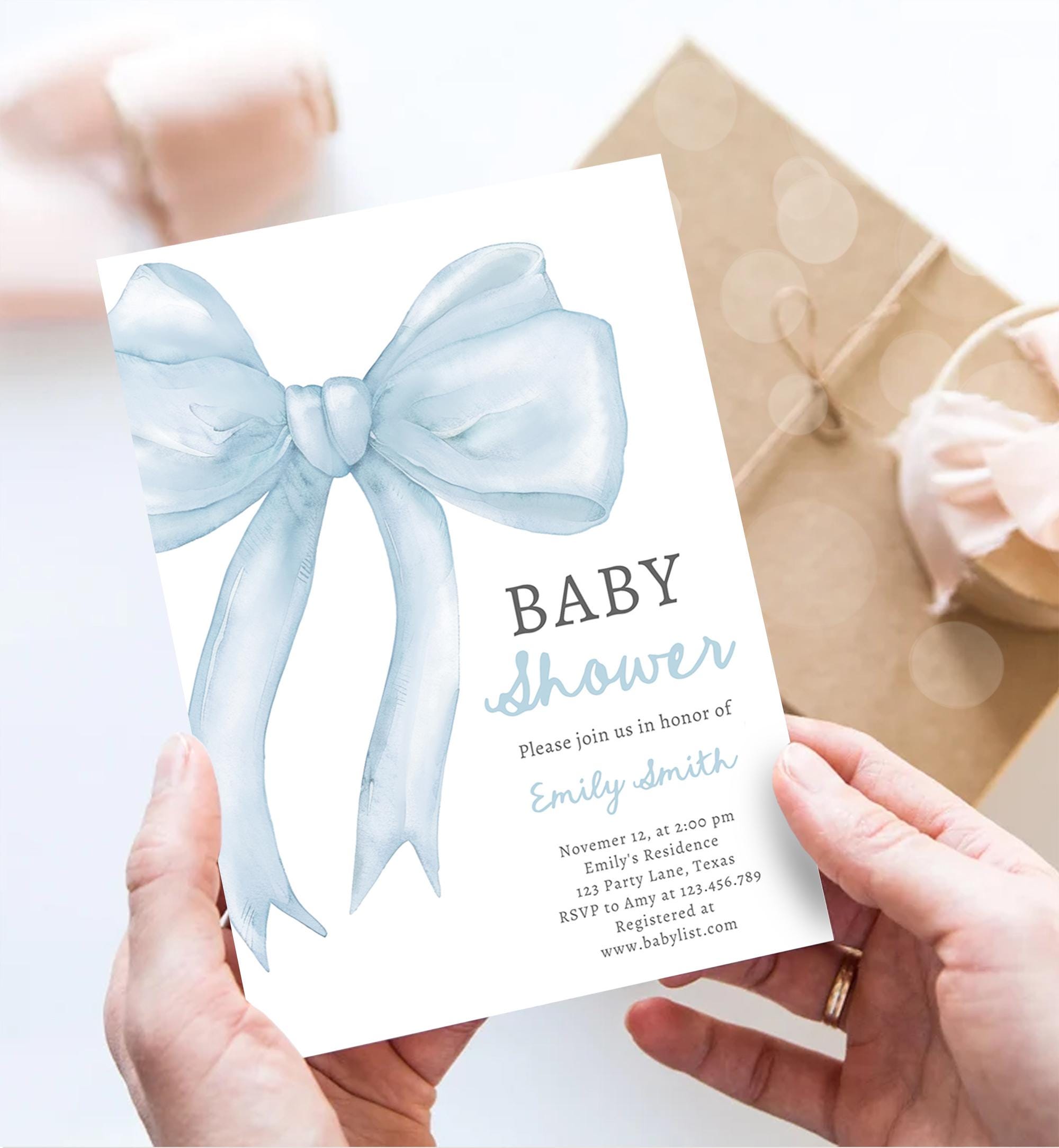 Editable Blue Bow Baby Shower Invitation It's a Boy Blue Coquette Baby Shower Preppy Minimalist Digital Template Download Printable 0527