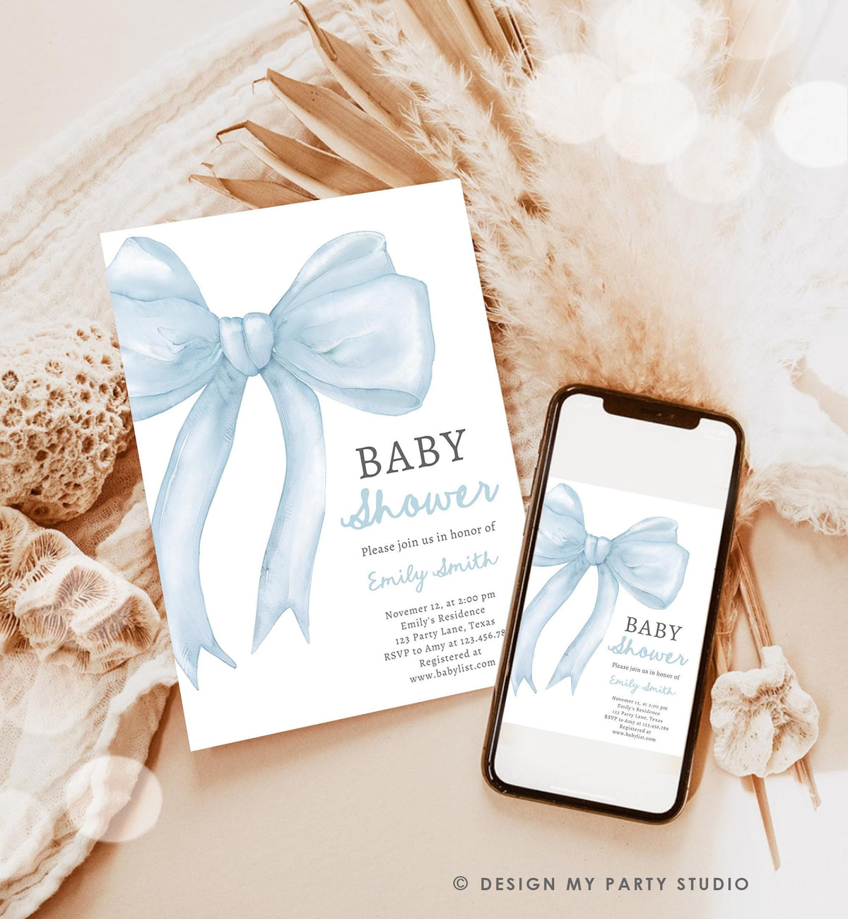 Editable Blue Bow Baby Shower Invitation It&#39;s a Boy Blue Coquette Baby Shower Preppy Minimalist Digital Template Download Printable 0527