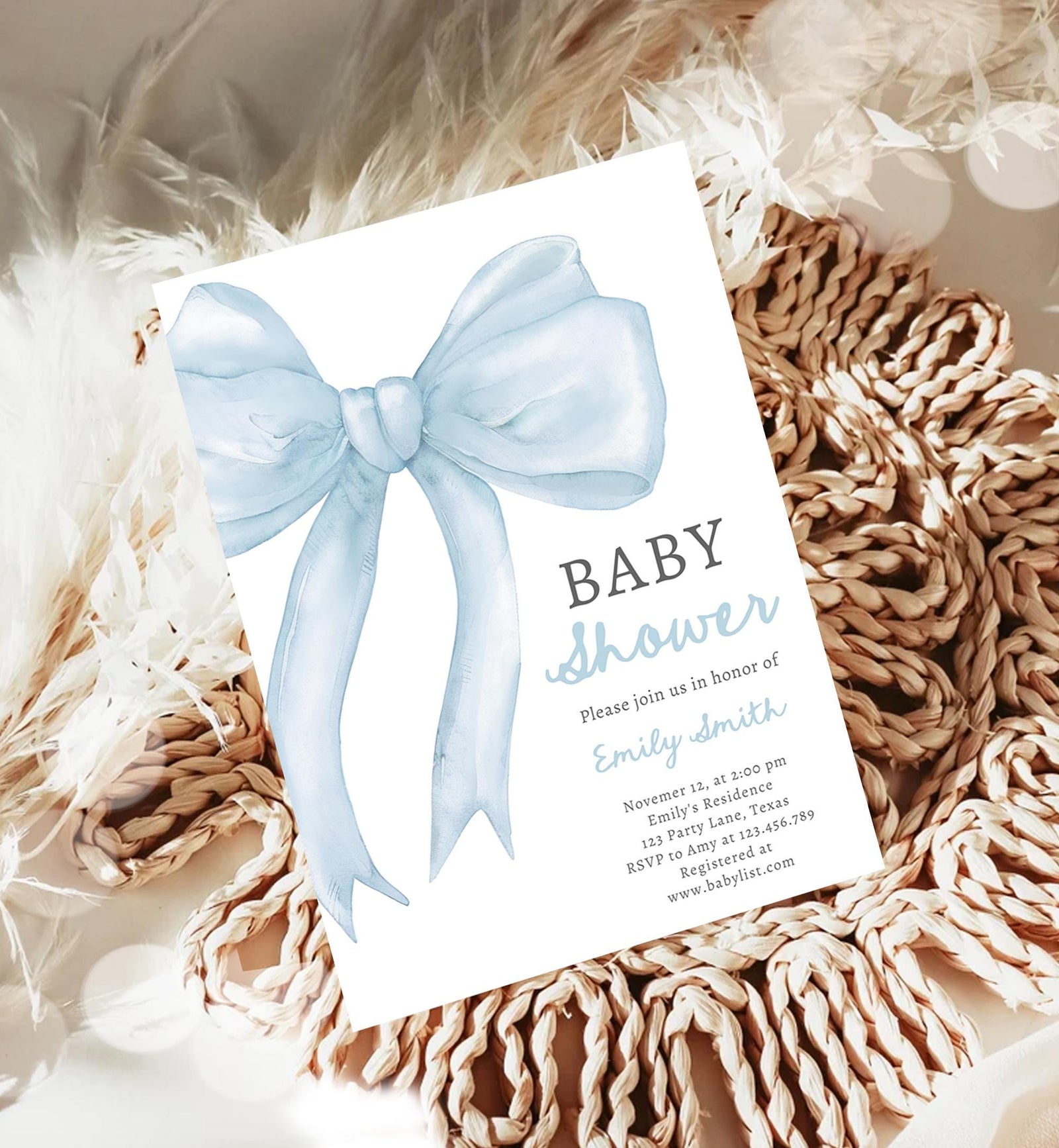 Editable Blue Bow Baby Shower Invitation It's a Boy Blue Coquette Baby Shower Preppy Minimalist Digital Template Download Printable 0527