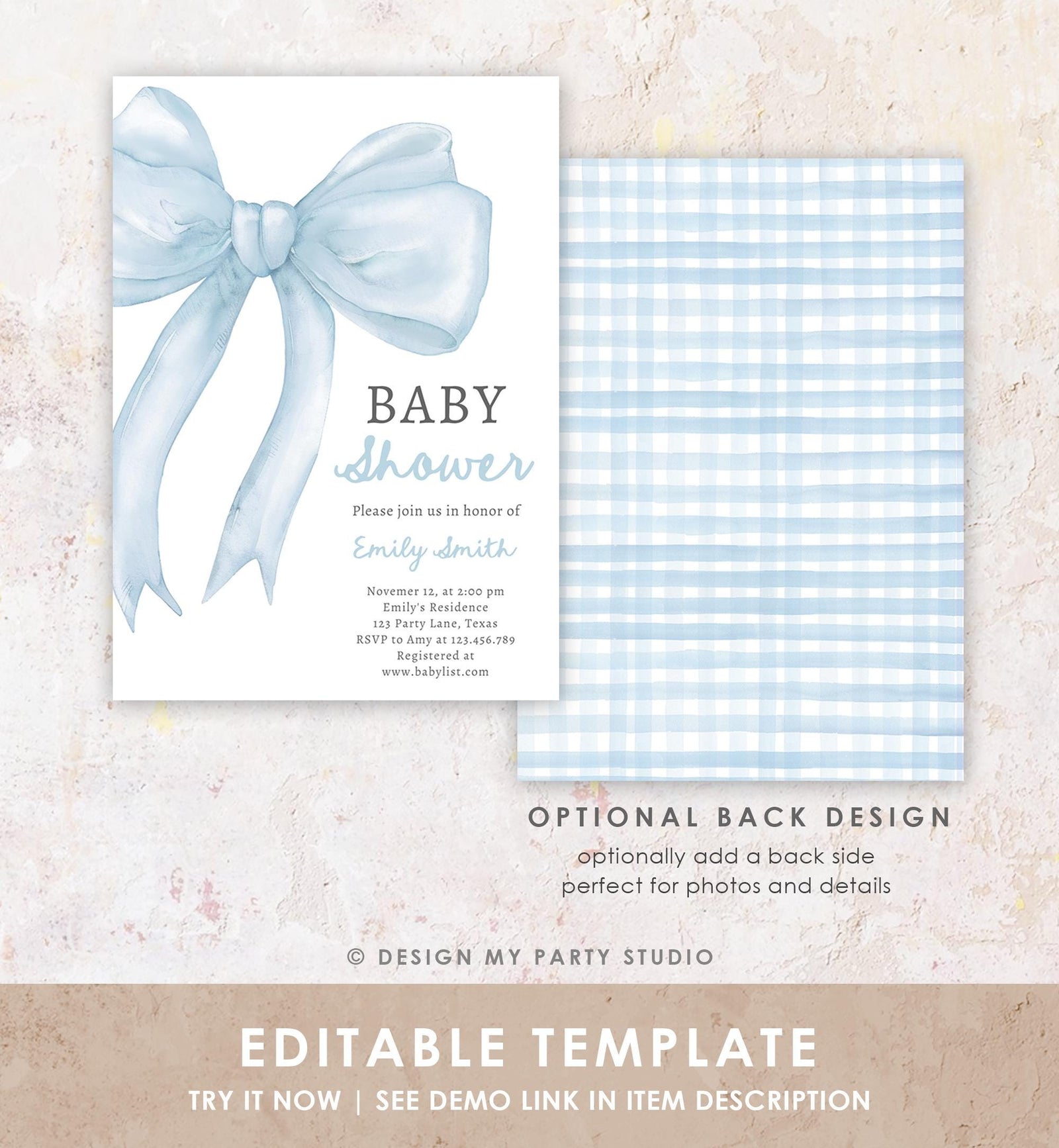 Editable Blue Bow Baby Shower Invitation It's a Boy Blue Coquette Baby Shower Preppy Minimalist Digital Template Download Printable 0527