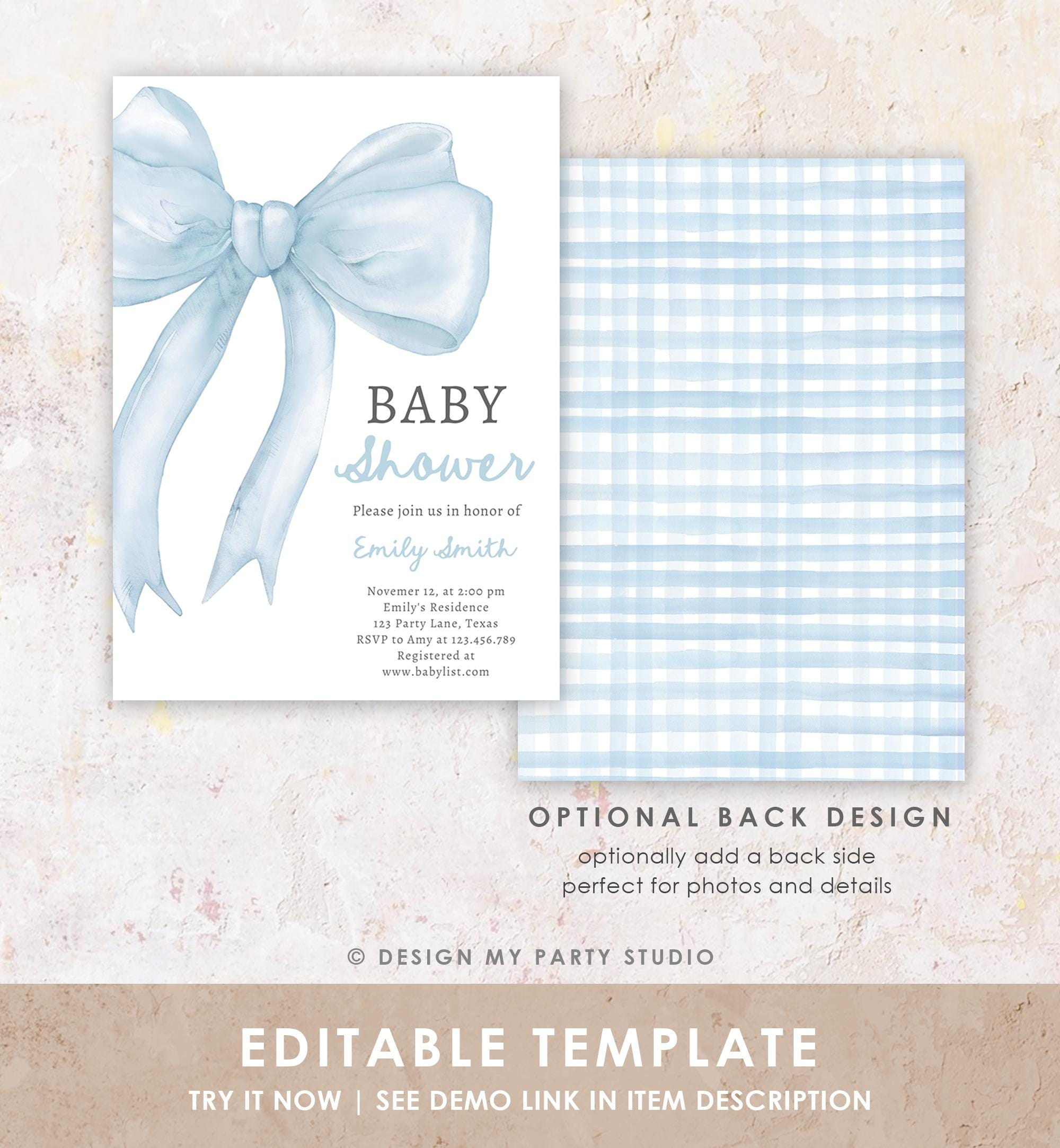 Editable Blue Bow Baby Shower Invitation It's a Boy Blue Coquette Baby Shower Preppy Minimalist Digital Template Download Printable 0527