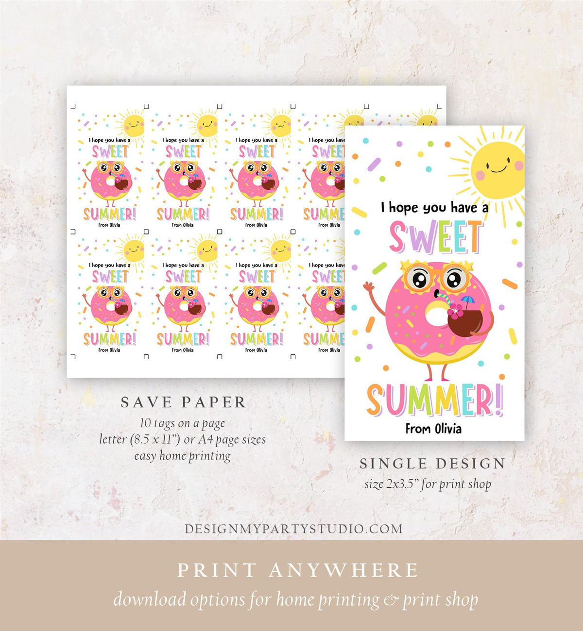 Editable Donut Sweet Summer Teacher Appreciation Tag End of Year Summer Classroom School Favor Tag Gift Digital Template Printable 0464