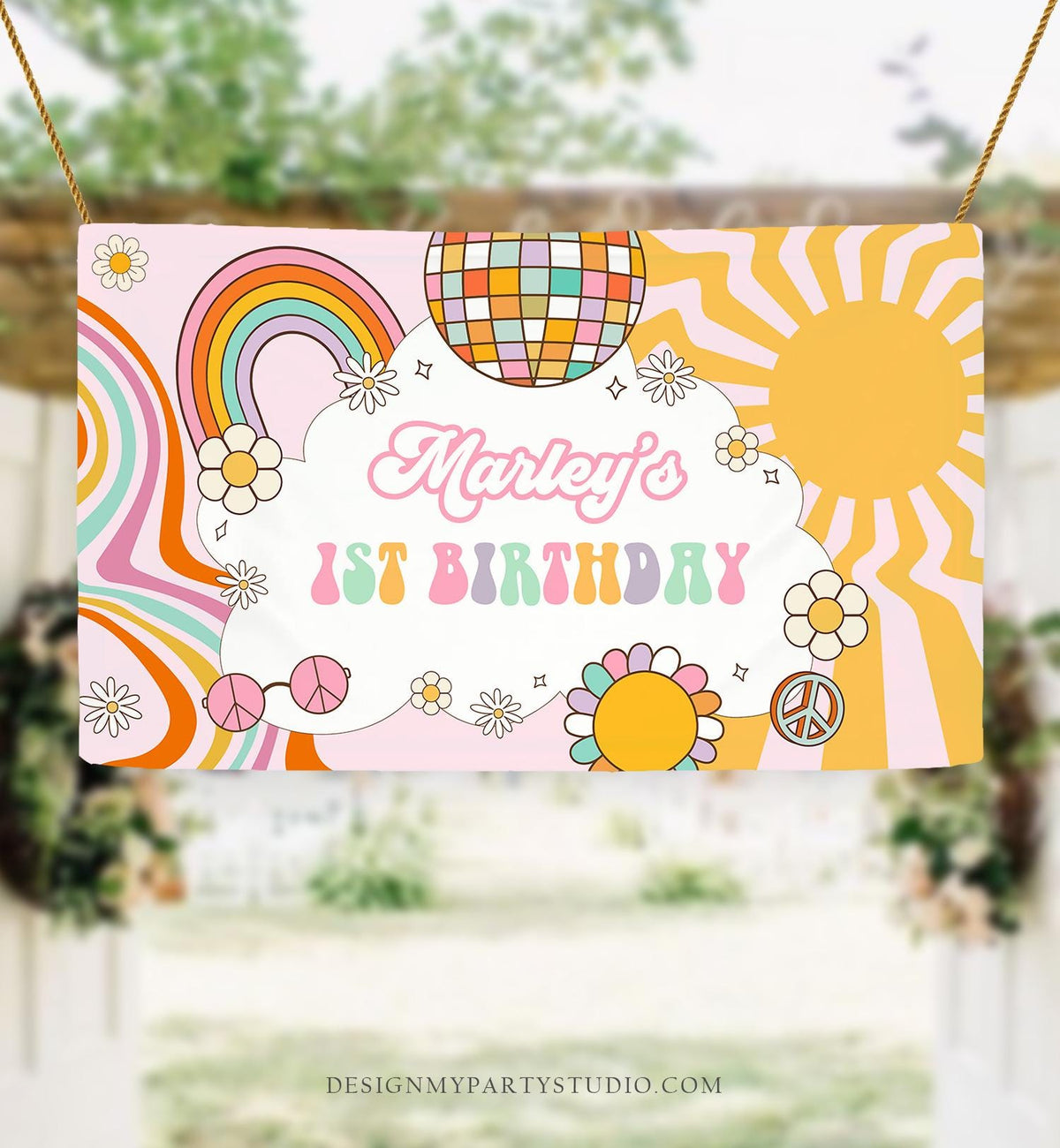 Editable Retro Doodle Birthday Backdrop Two Groovy Girl Retro Groovy Daisy Party Decor Flower Power Boho Digital Template Printable 0538