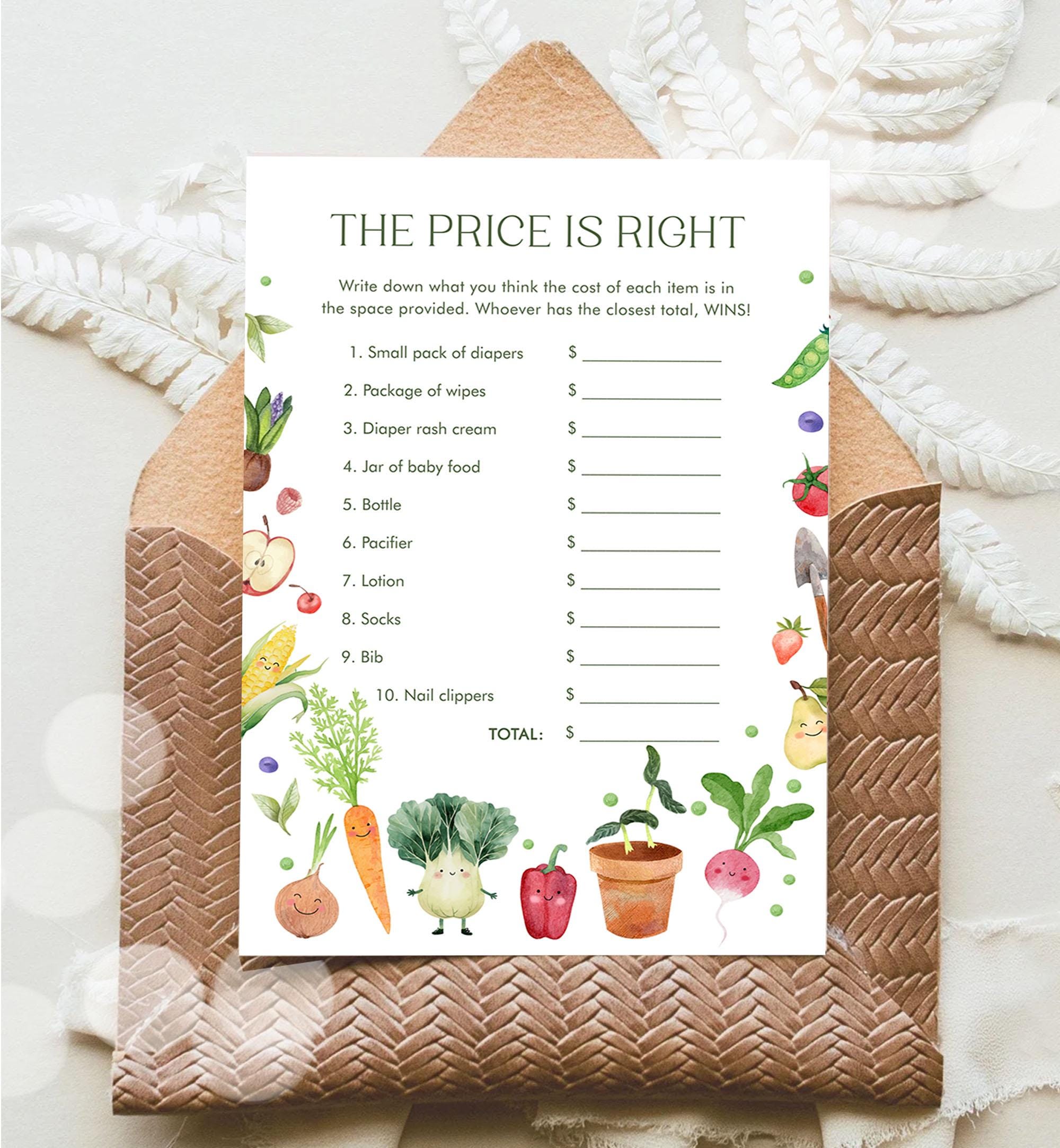 May include: A printable baby shower game card with a green, white, and red watercolor design. The card has the title &#39;The Price is Right&#39; and asks players to guess the price of ten baby items. The items include diapers, wipes, diaper rash cream, baby food, a bottle, a pacifier, lotion, socks, a bib, and nail clippers. The card also has a space for the player to write down their total guess.