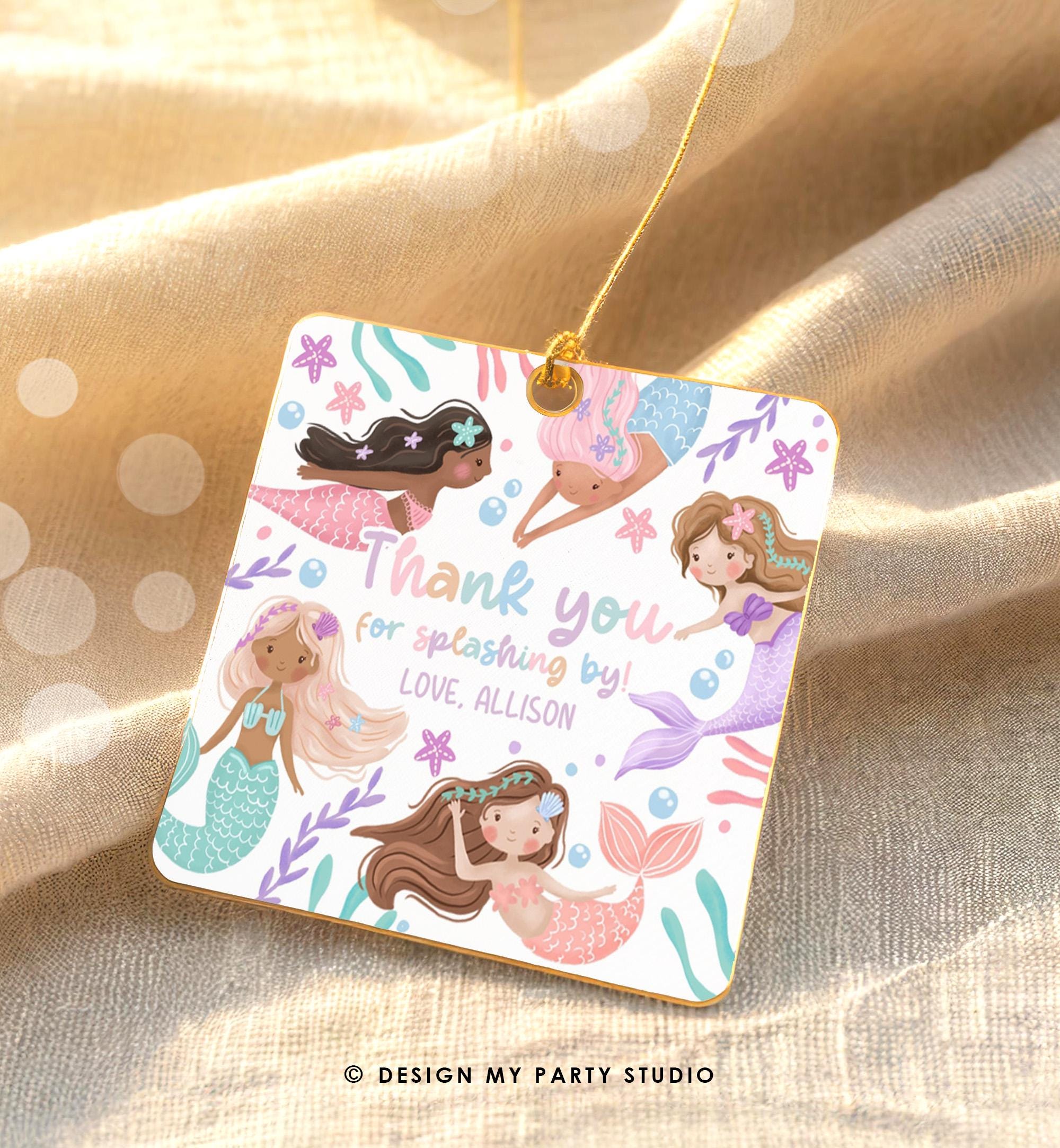 Editable Mermaid Birthday Favor Tag Under The Sea Thank You Mermaid Party Girl Pink Purple Pastel Digital Download Template Printable 0546