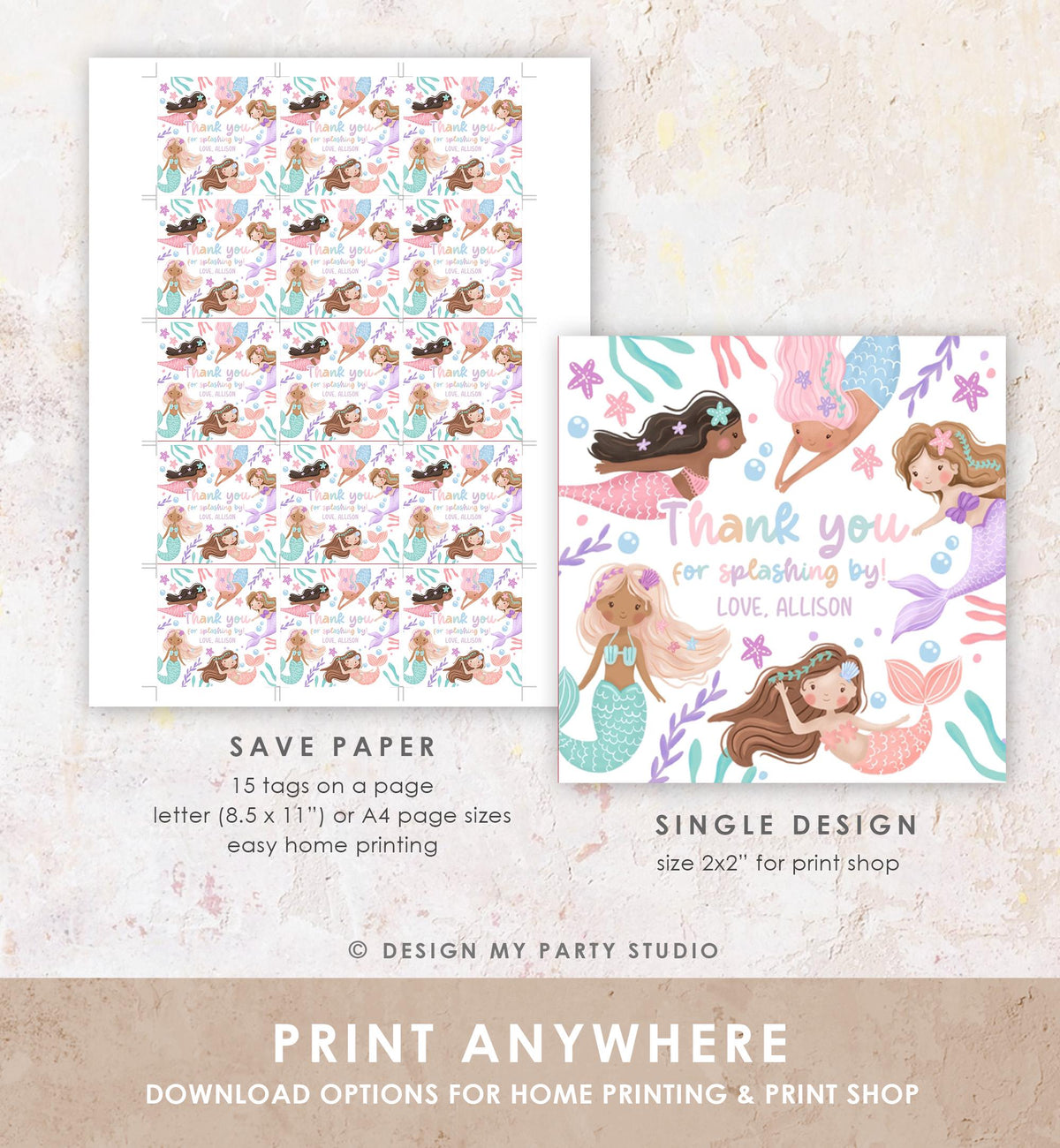 Editable Mermaid Birthday Favor Tag Under The Sea Thank You Mermaid Party Girl Pink Purple Pastel Digital Download Template Printable 0546