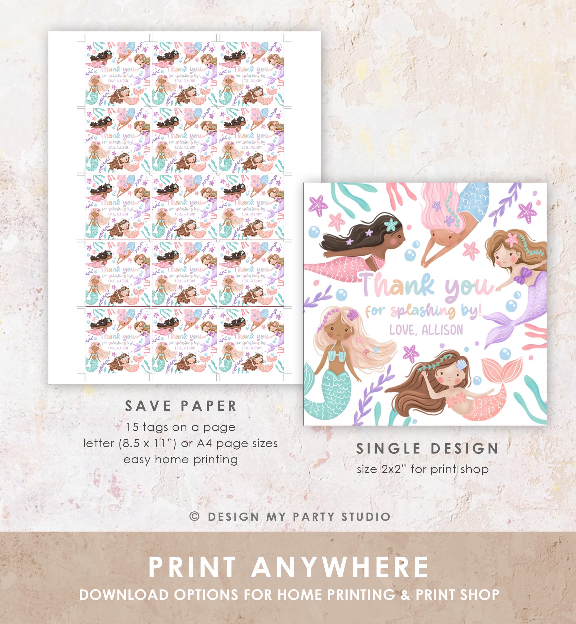 Editable Mermaid Birthday Favor Tag Under The Sea Thank You Mermaid Party Girl Pink Purple Pastel Digital Download Template Printable 0546