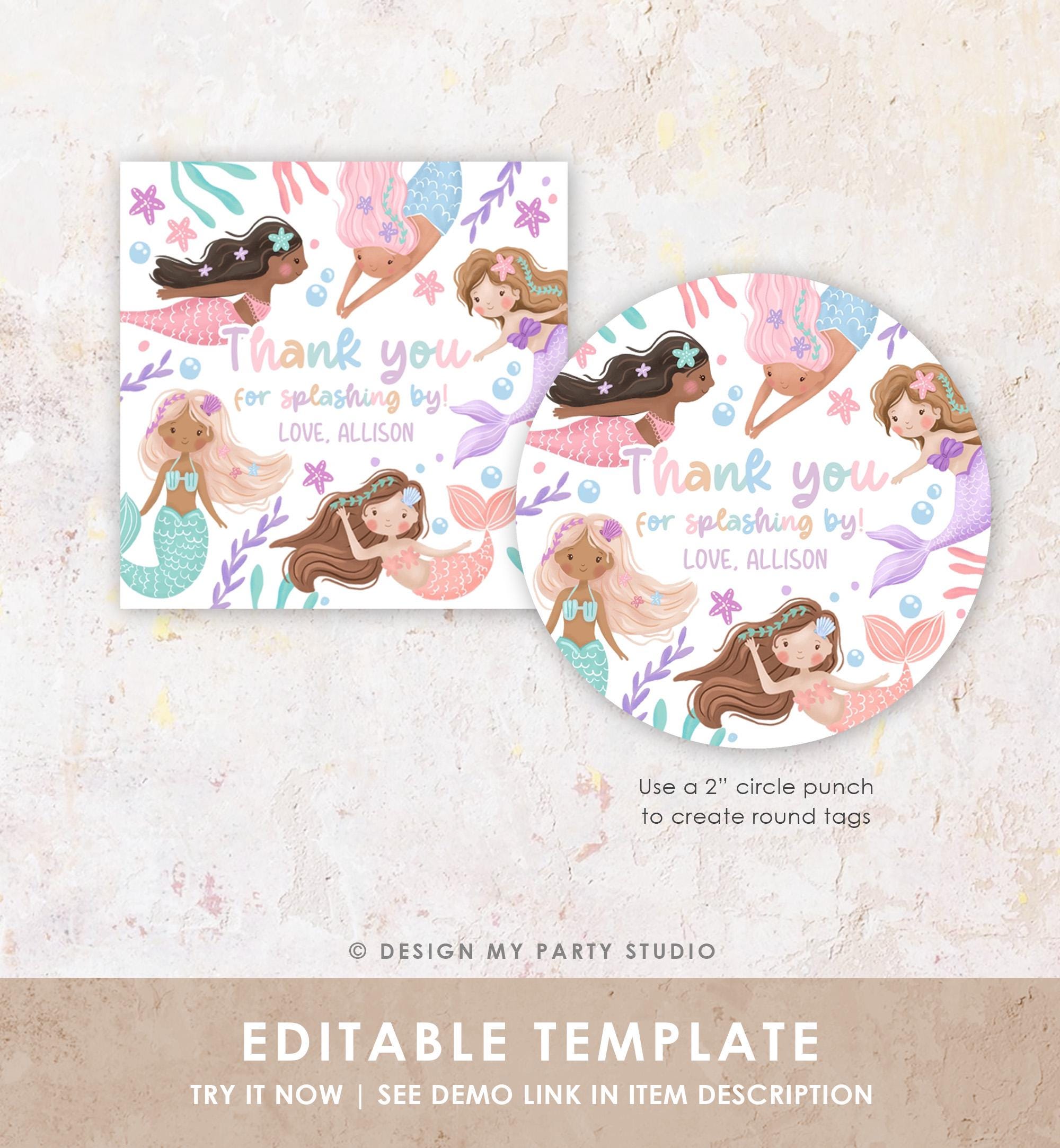 Editable Mermaid Birthday Favor Tag Under The Sea Thank You Mermaid Party Girl Pink Purple Pastel Digital Download Template Printable 0546